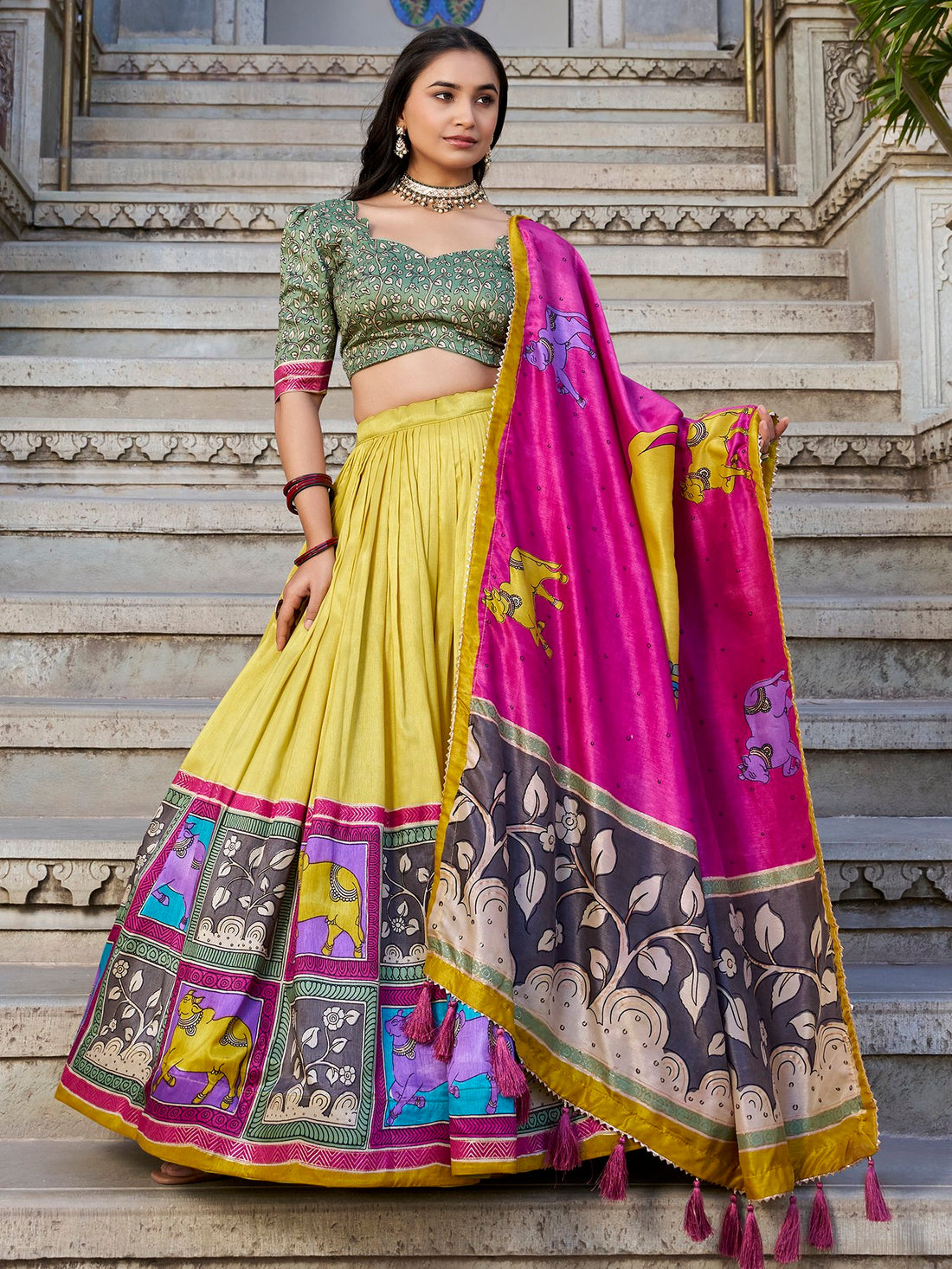 Floaty Mustard Yellow Kalamkari Print Tussar Silk Traditional Lehenga Choli