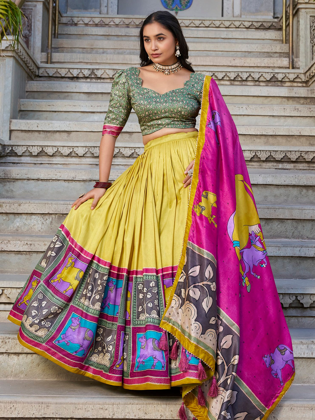 Floaty Mustard Yellow Kalamkari Print Tussar Silk Traditional Lehenga Choli