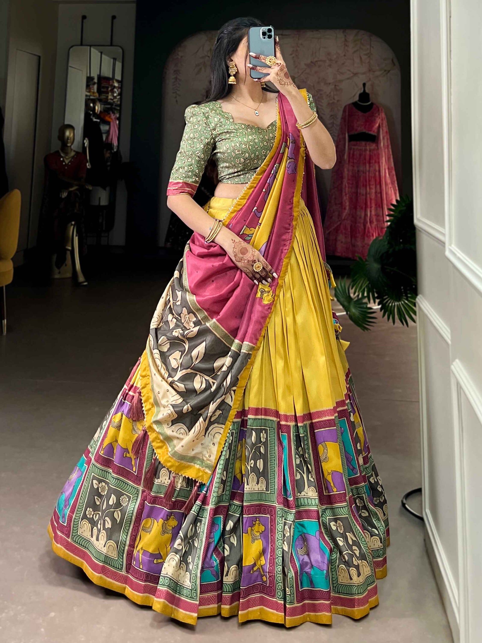 Precious Yellow Kalamkari Print Silk Haldi Wear Lehenga Choli
