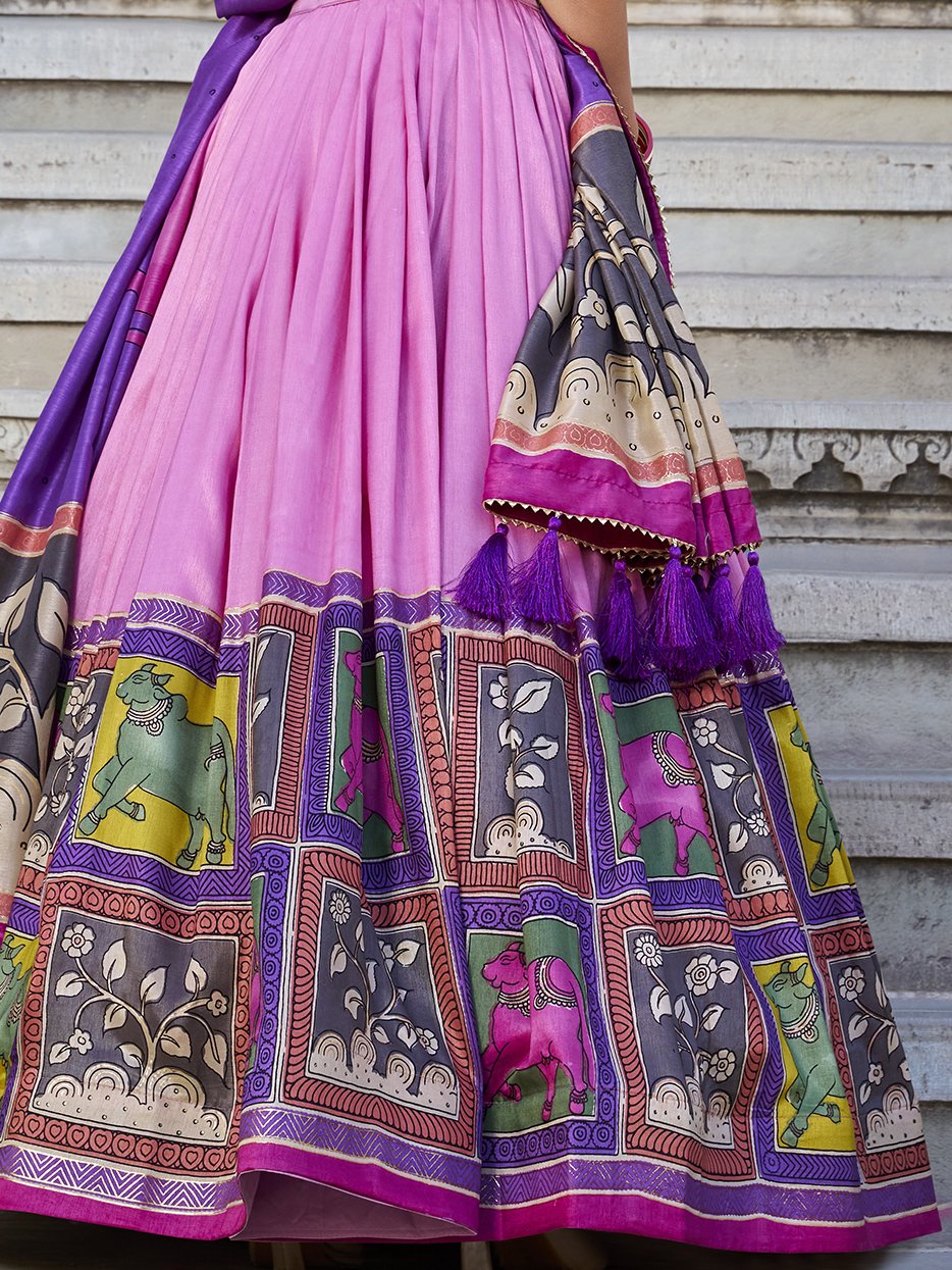Marvelous Light Pink Kalamkari Print Tussar Silk Function Wear Lehenga Choli
