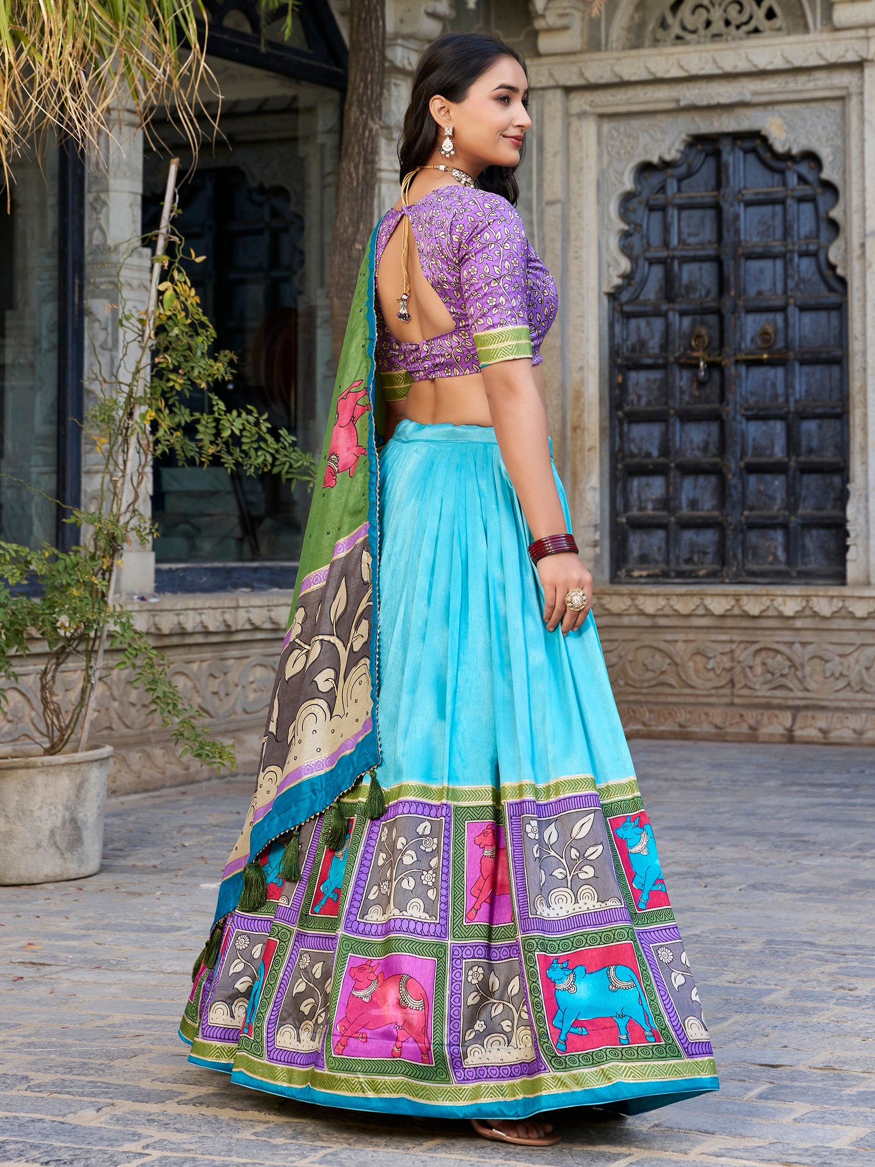 Fantastic Sea Green Kalamkari Print Tussar Silk Festive Wear Lehenga Choli