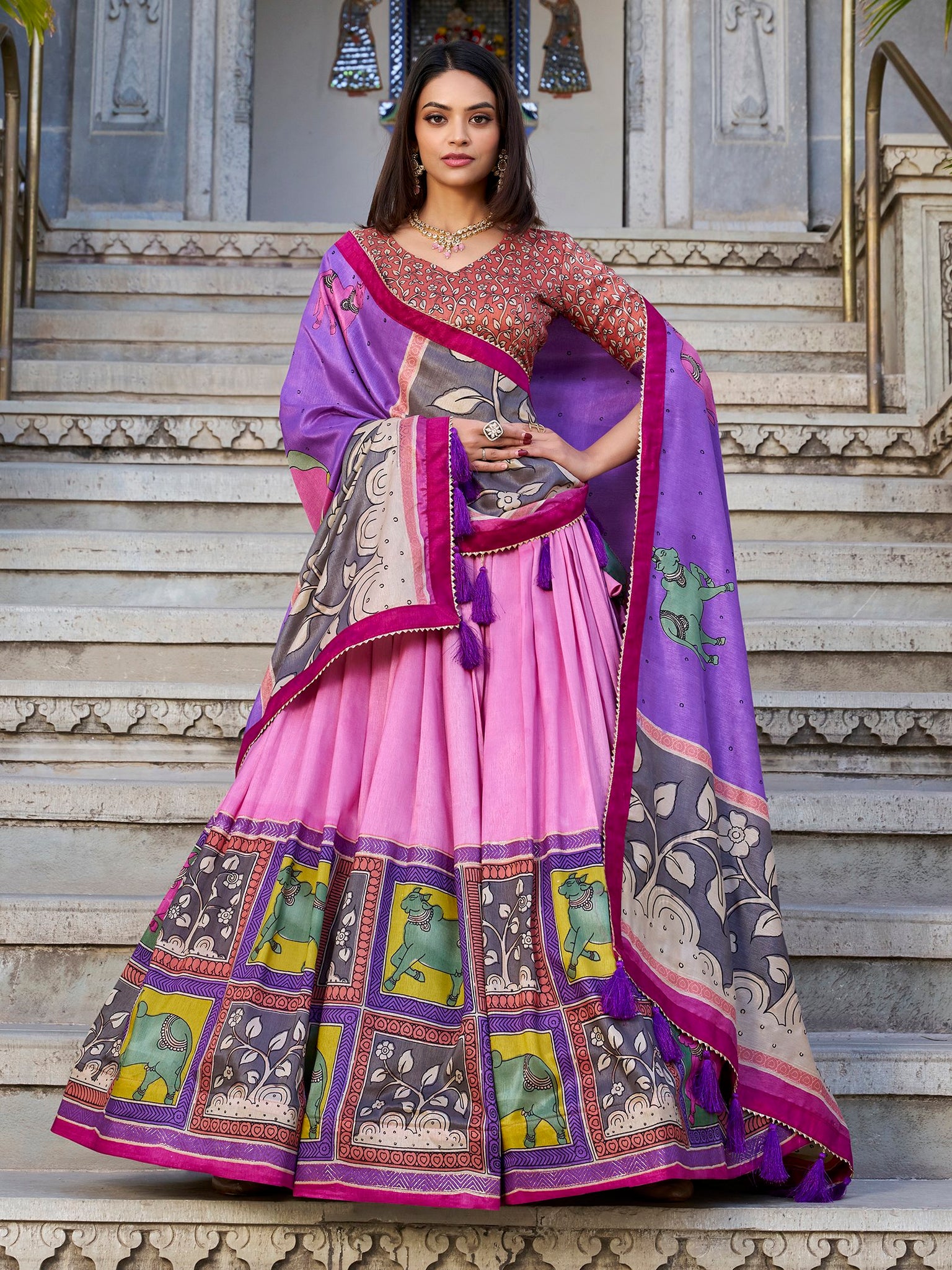 Marvelous Light Pink Kalamkari Print Tussar Silk Function Wear Lehenga Choli