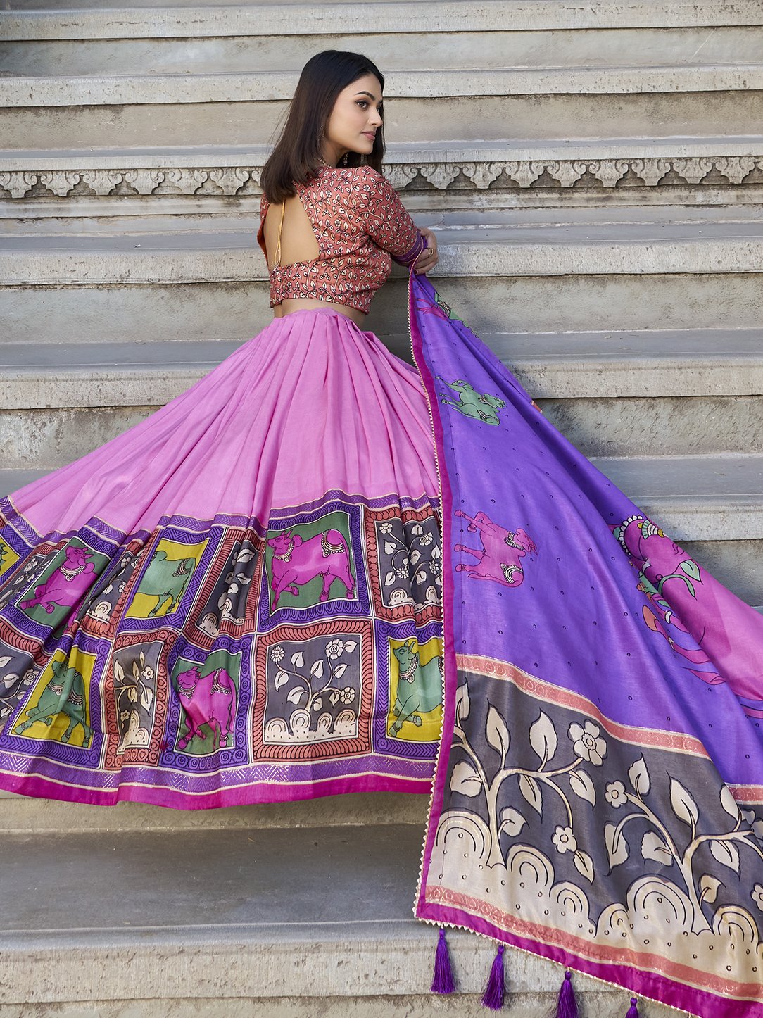Marvelous Light Pink  Kalamkari Print Tussar Silk Function Wear Lehenga Choli