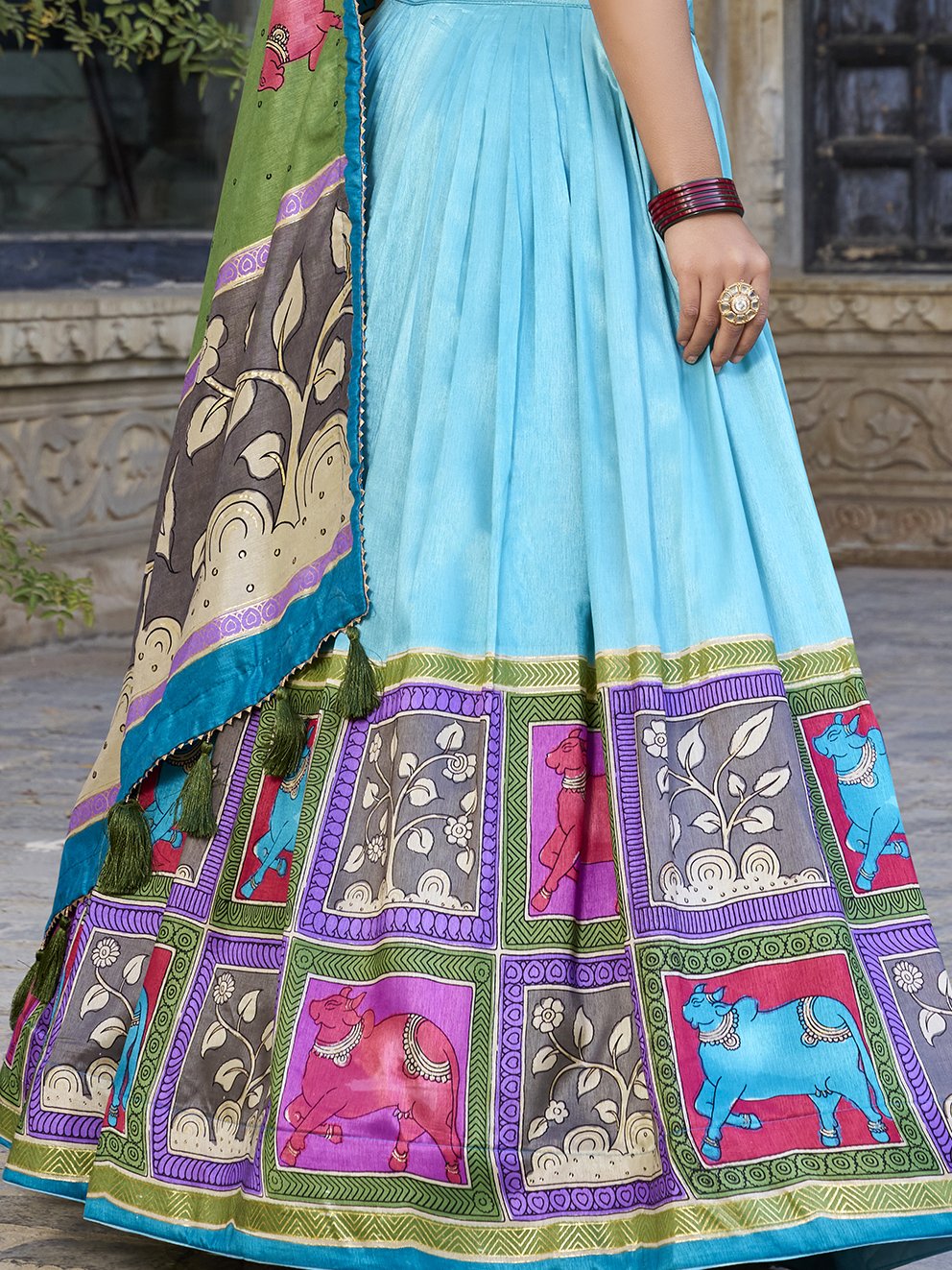 Fantastic Sea Green Kalamkari Print Tussar Silk Festive Wear Lehenga Choli