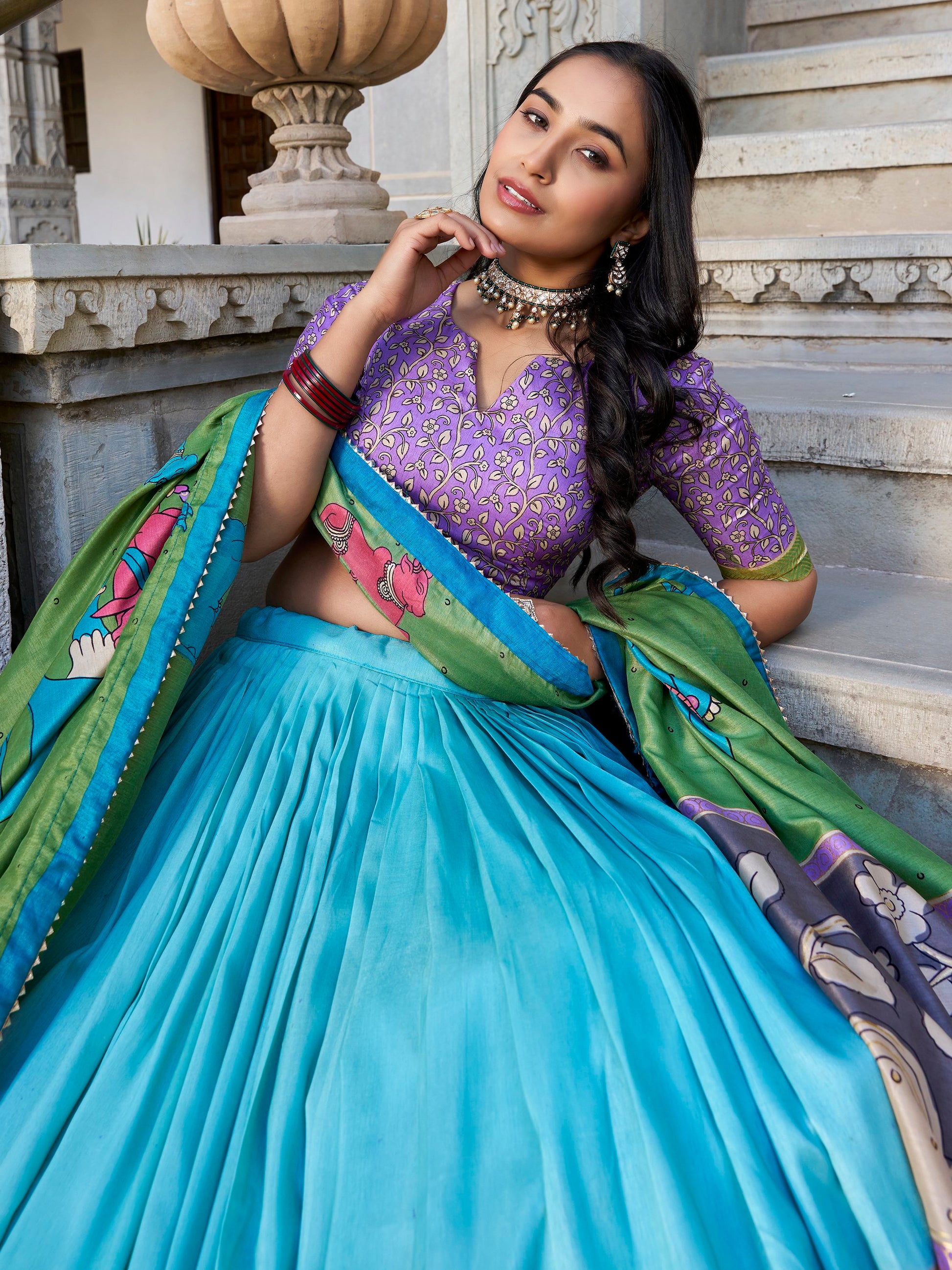 Fantastic Sea Green Kalamkari Print Tussar Silk Festive Wear Lehenga Choli