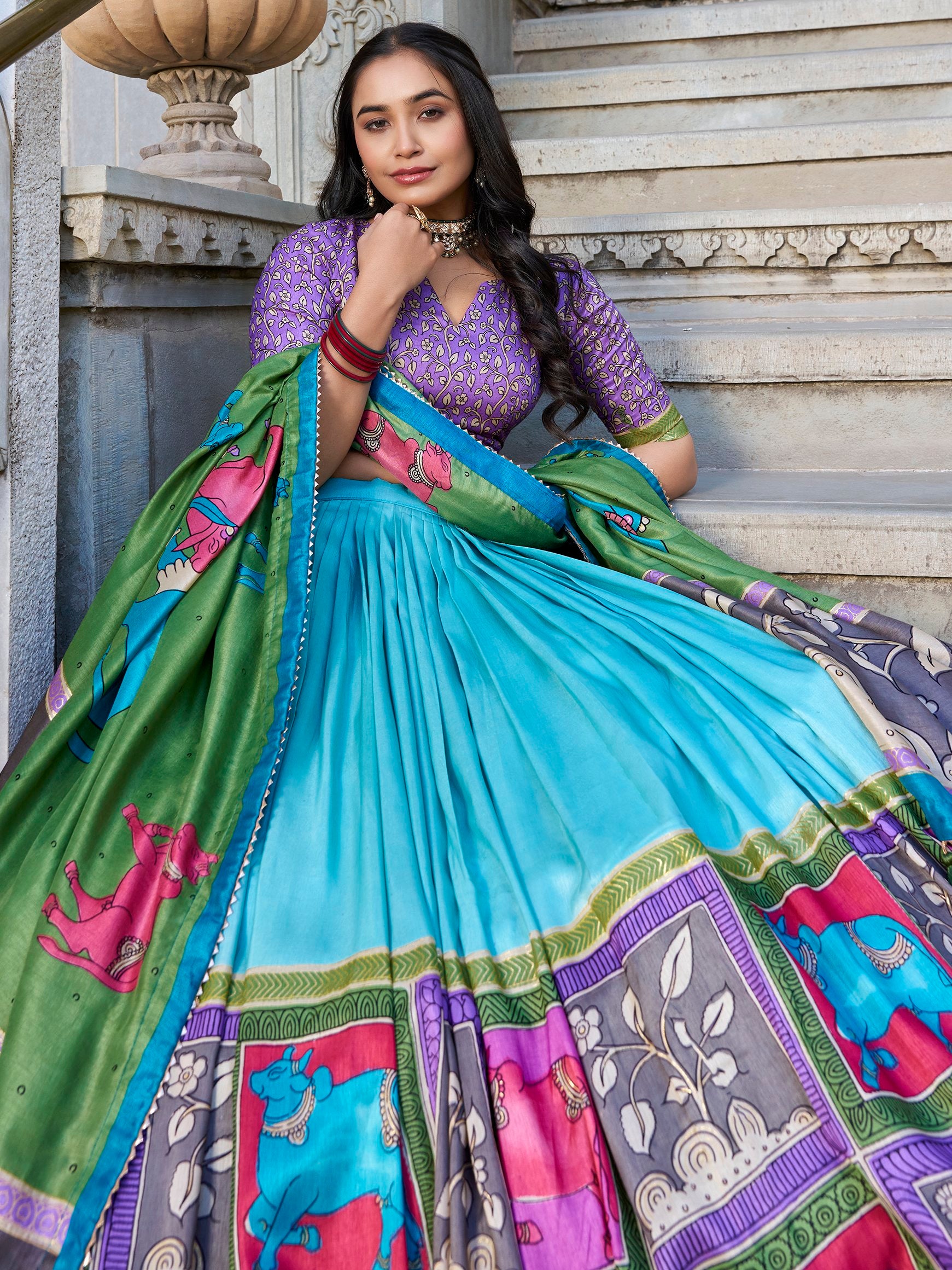 Fantastic Sea Green Kalamkari Print Tussar Silk Festive Wear Lehenga Choli