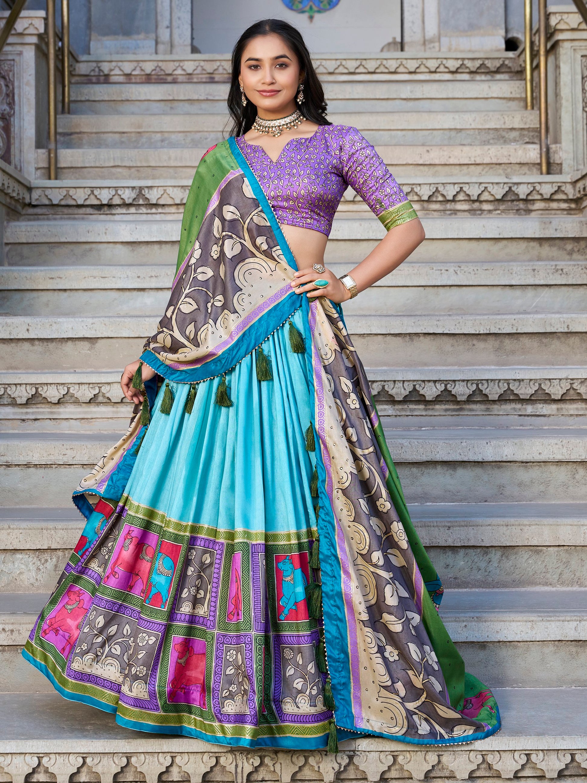 Fantastic Sea Green Kalamkari Print Tussar Silk Festive Wear Lehenga Choli
