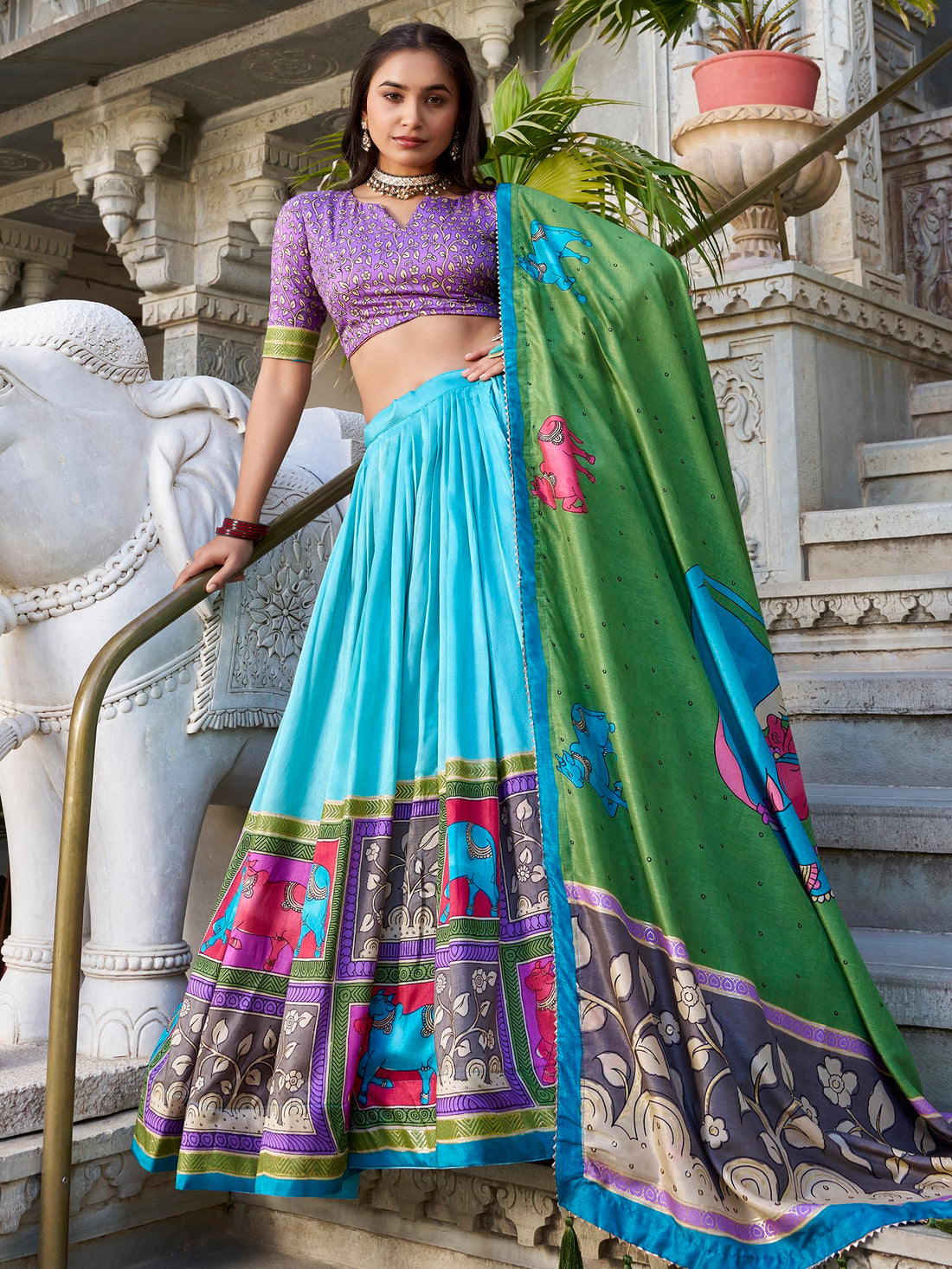 Fantastic Sea Green Kalamkari Print Tussar Silk Festive Wear Lehenga Choli