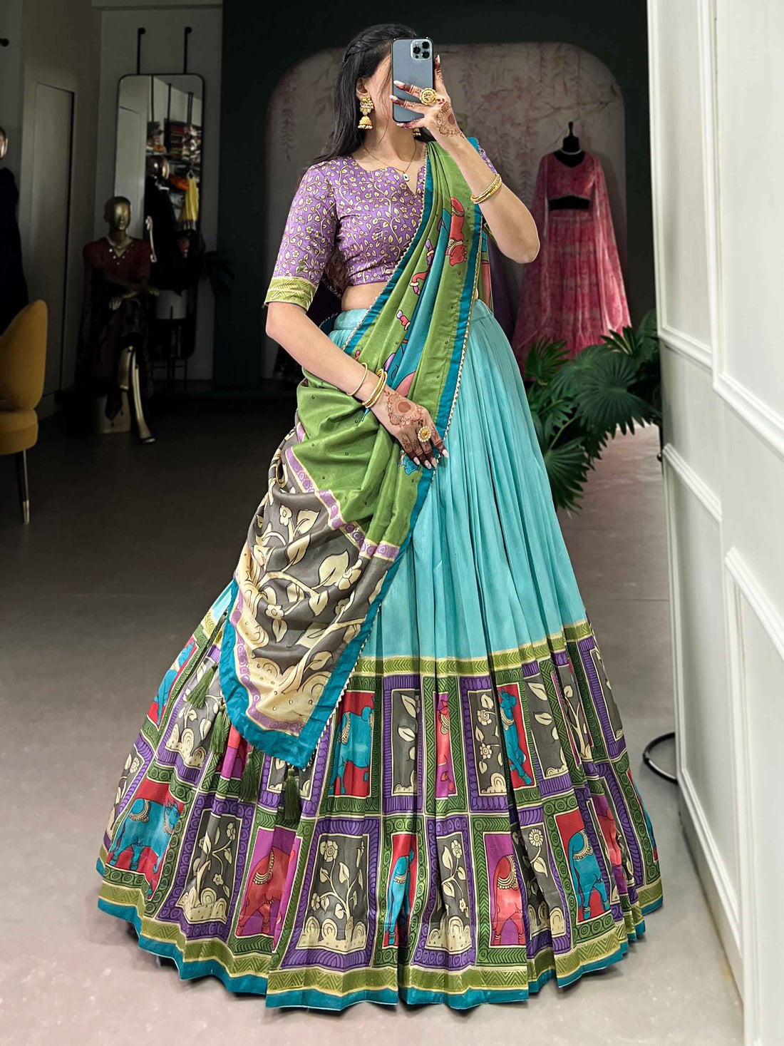 Amazing Sea Green Kalamkari Print Silk Festival Wear Lehenga Choli