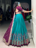 Delightful Teal Blue Tussar Silk Lehenga With Embroidered Choli