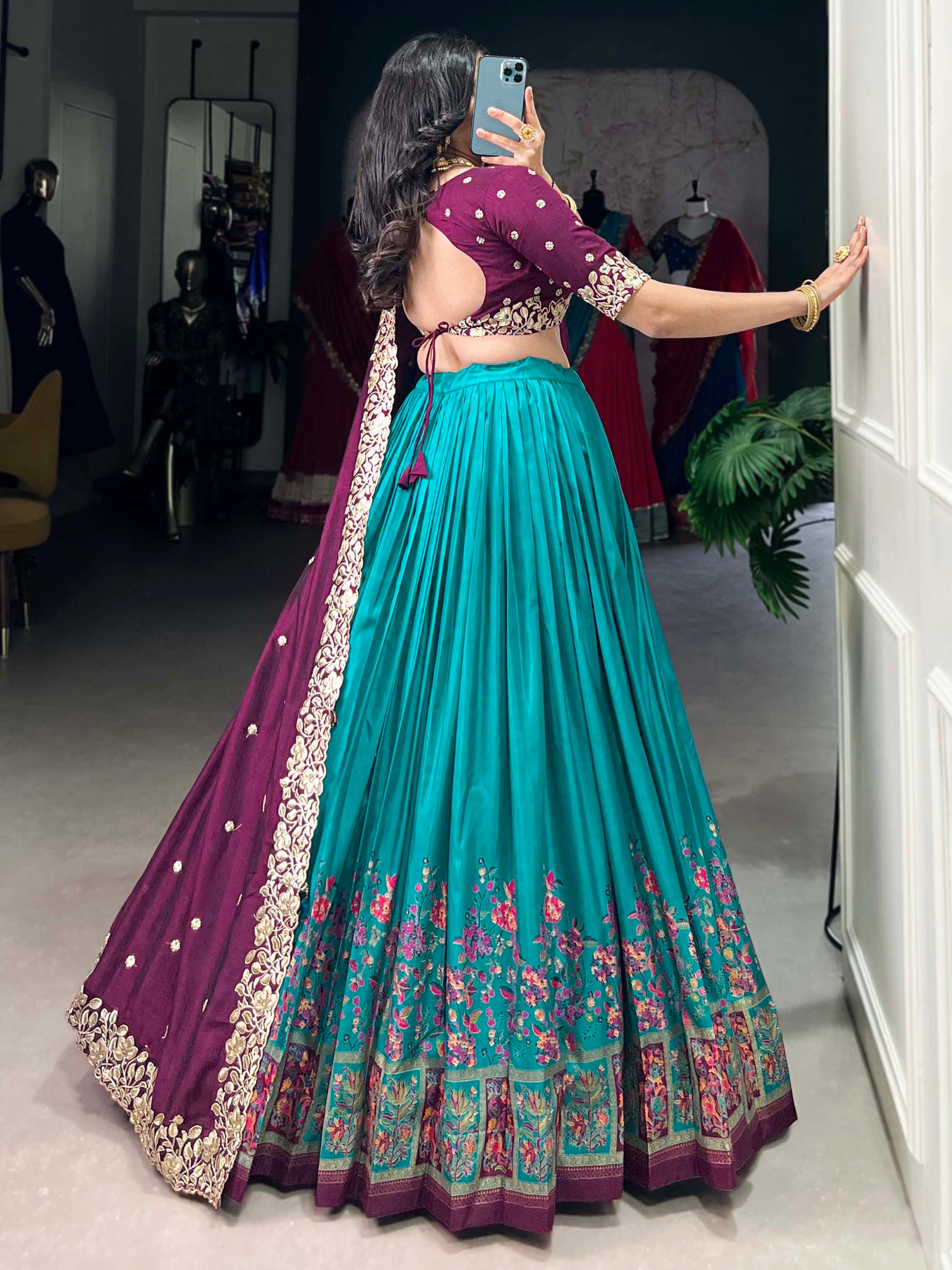 Delightful Teal Blue Tussar Silk Lehenga With Embroidered Choli