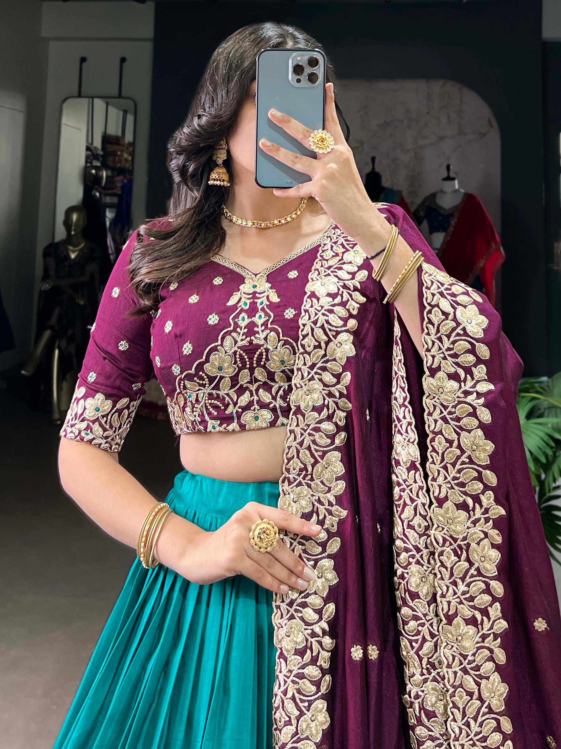 Delightful Teal Blue Tussar Silk Lehenga With Embroidered Choli
