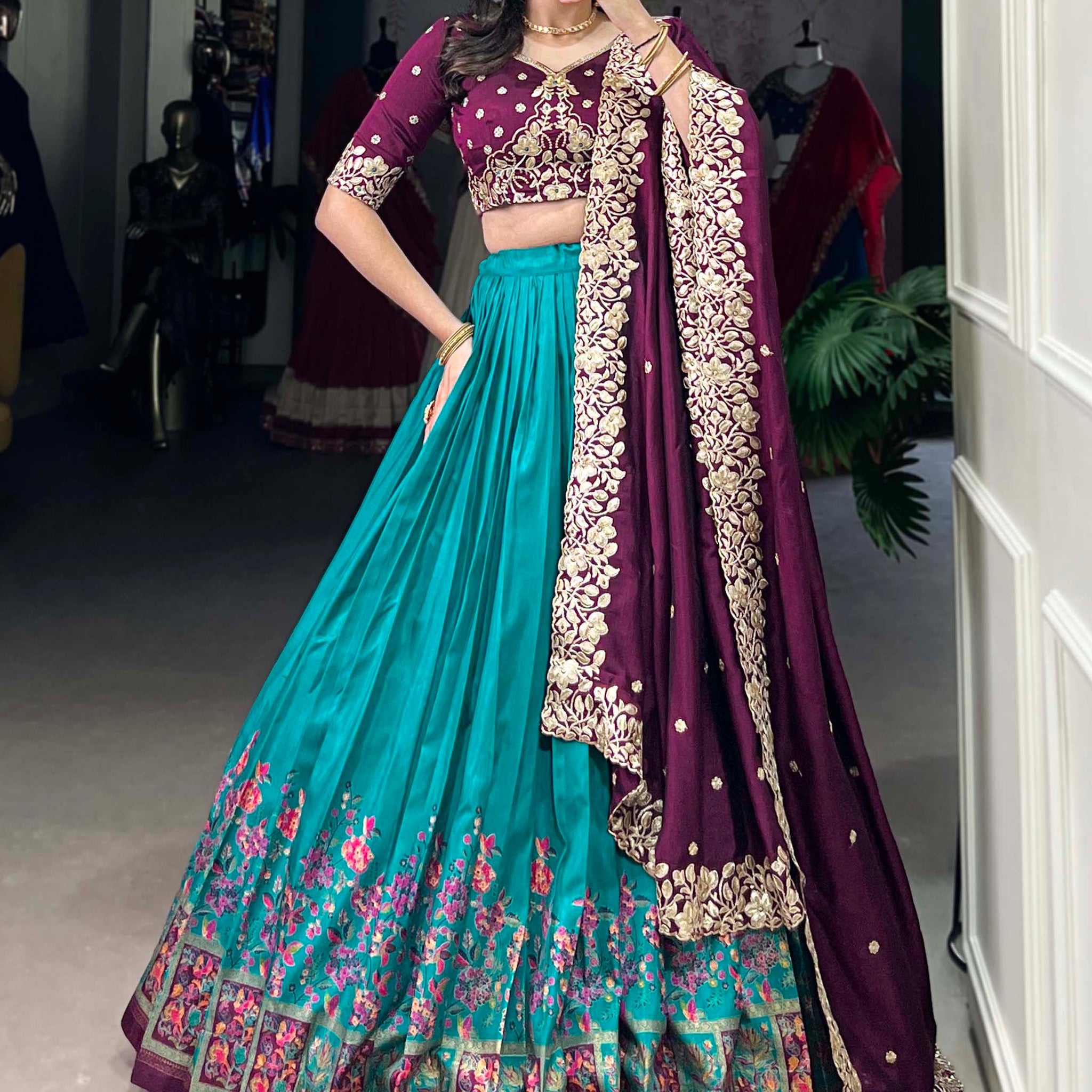 Delightful Teal Blue Tussar Silk Lehenga With Embroidered Choli