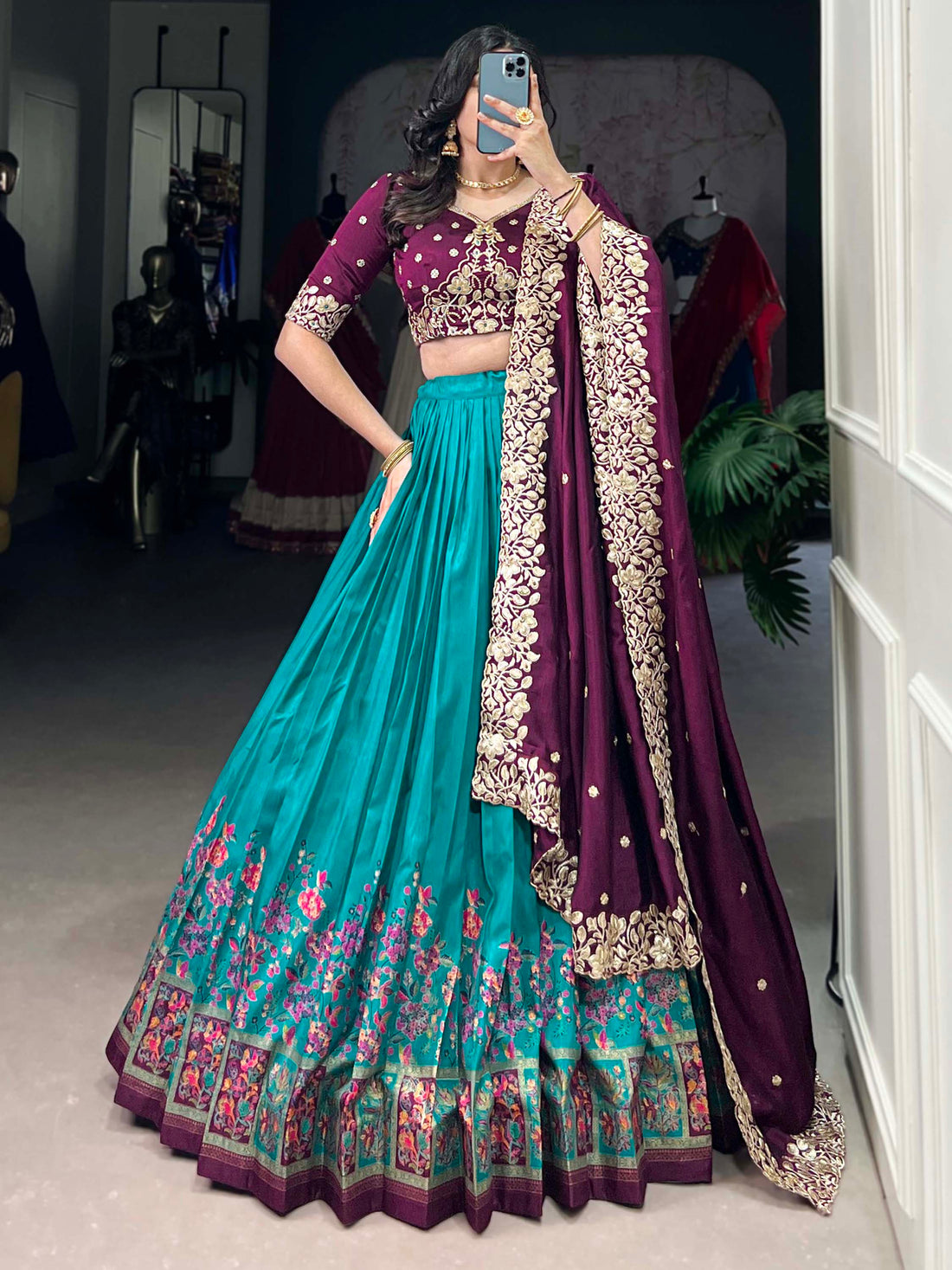 Delightful Teal Blue Tussar Silk Lehenga With Embroidered Choli