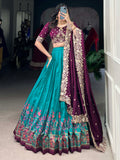 Delightful Teal Blue Tussar Silk Lehenga With Embroidered Choli
