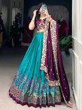 Delightful Teal Blue Tussar Silk Lehenga With Embroidered Choli