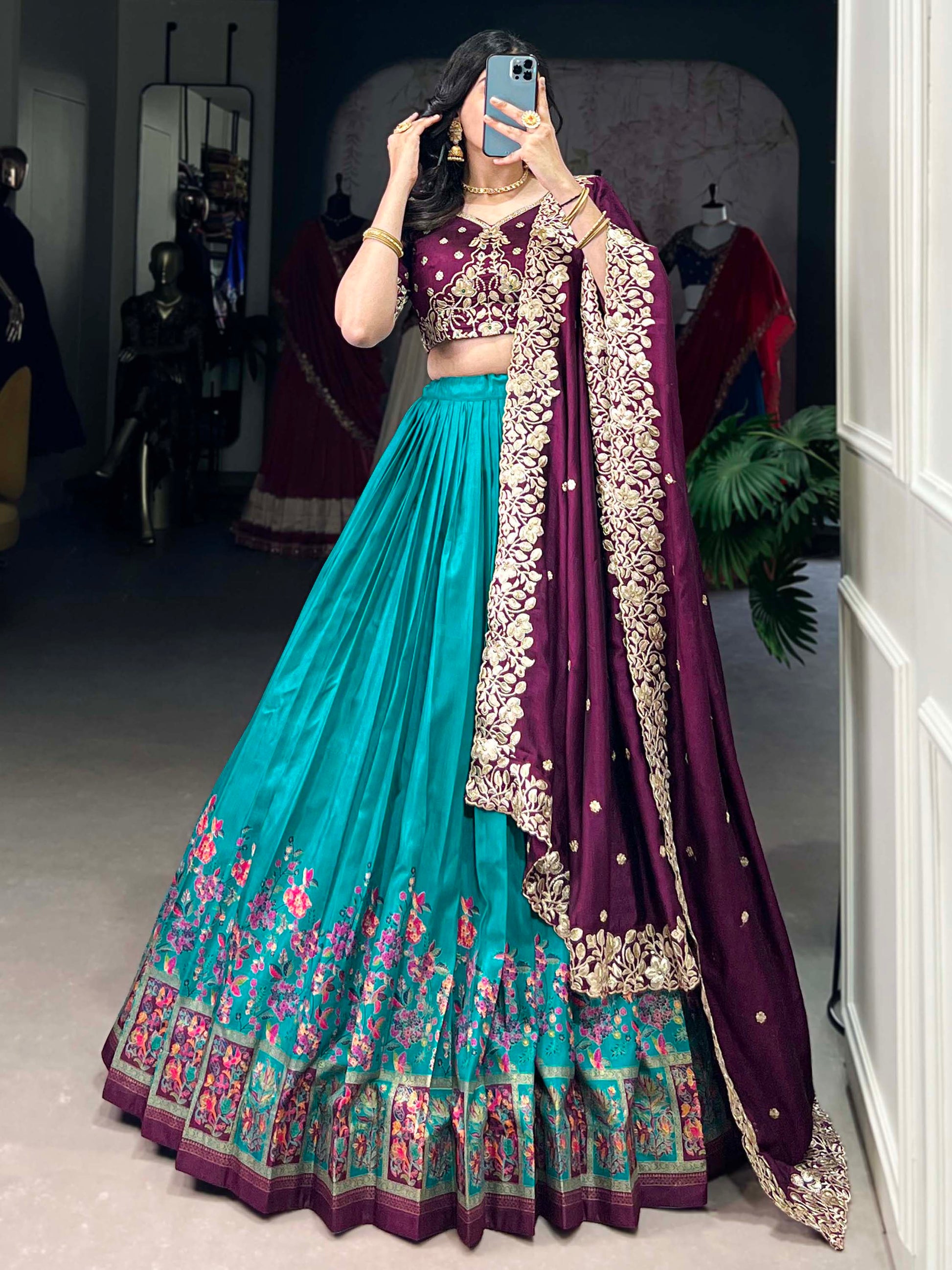 Delightful Teal Blue Tussar Silk Lehenga With Embroidered Choli