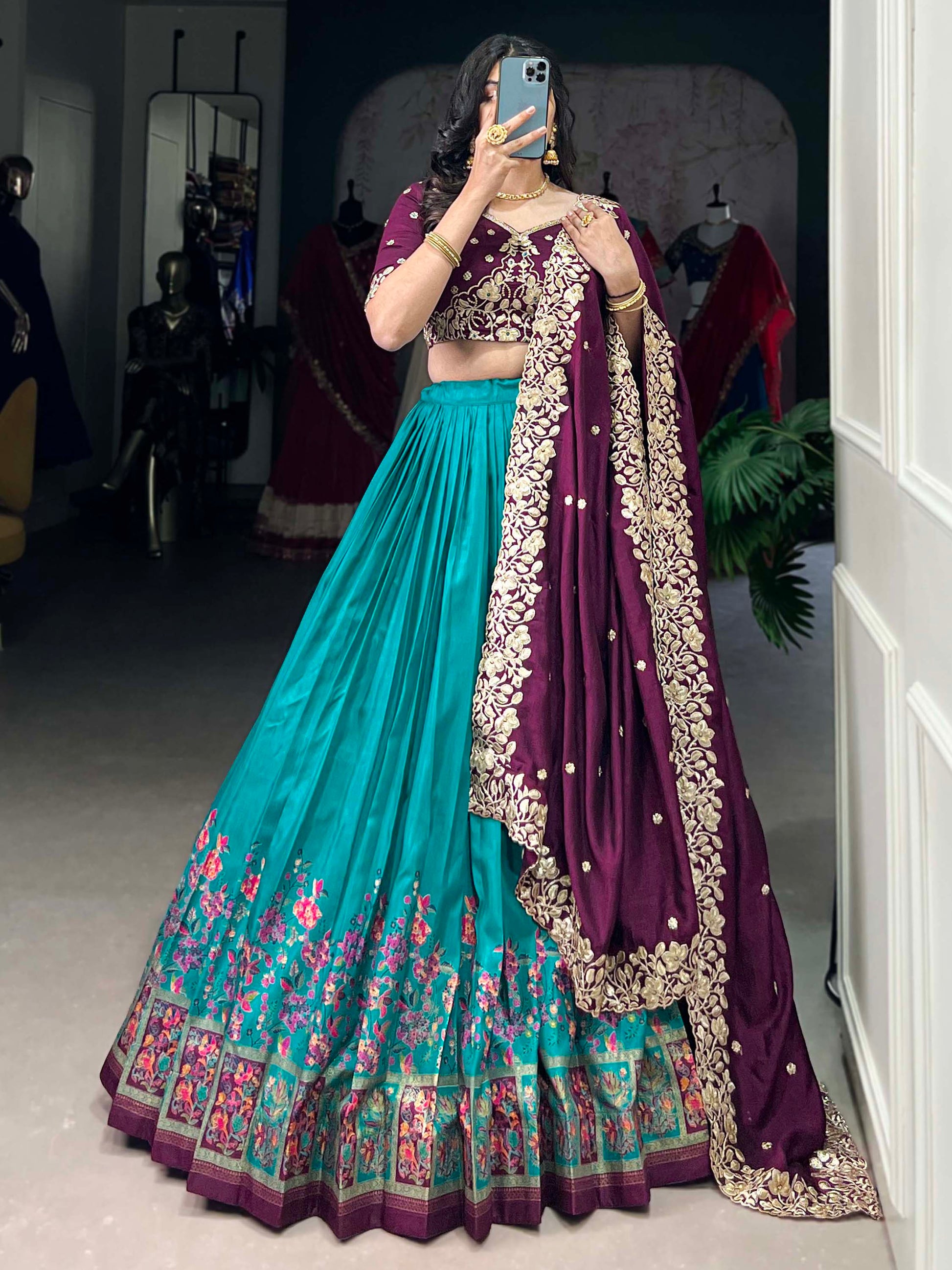 Delightful Teal Blue Tussar Silk Lehenga With Embroidered Choli