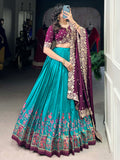 Delightful Teal Blue Tussar Silk Lehenga With Embroidered Choli