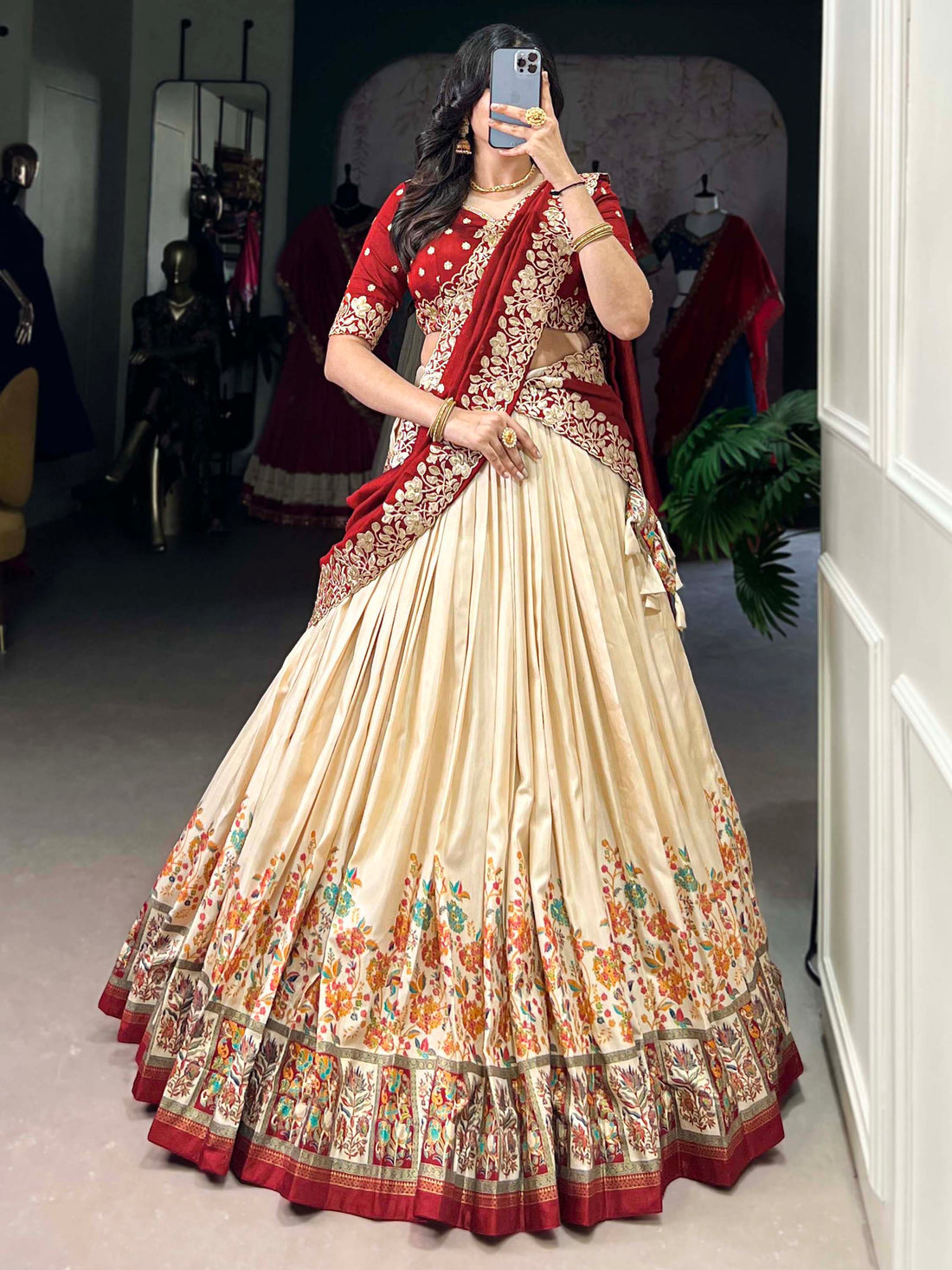 Gorgeous Off-White Printed Tussar Silk Lehenga Choli With Dupatta