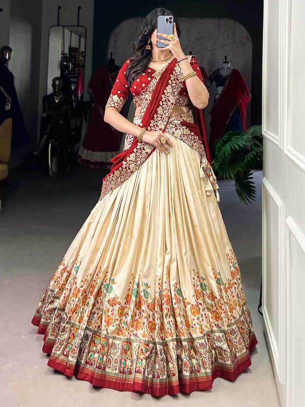 Gorgeous Off-White Printed Tussar Silk Lehenga Choli With Dupatta