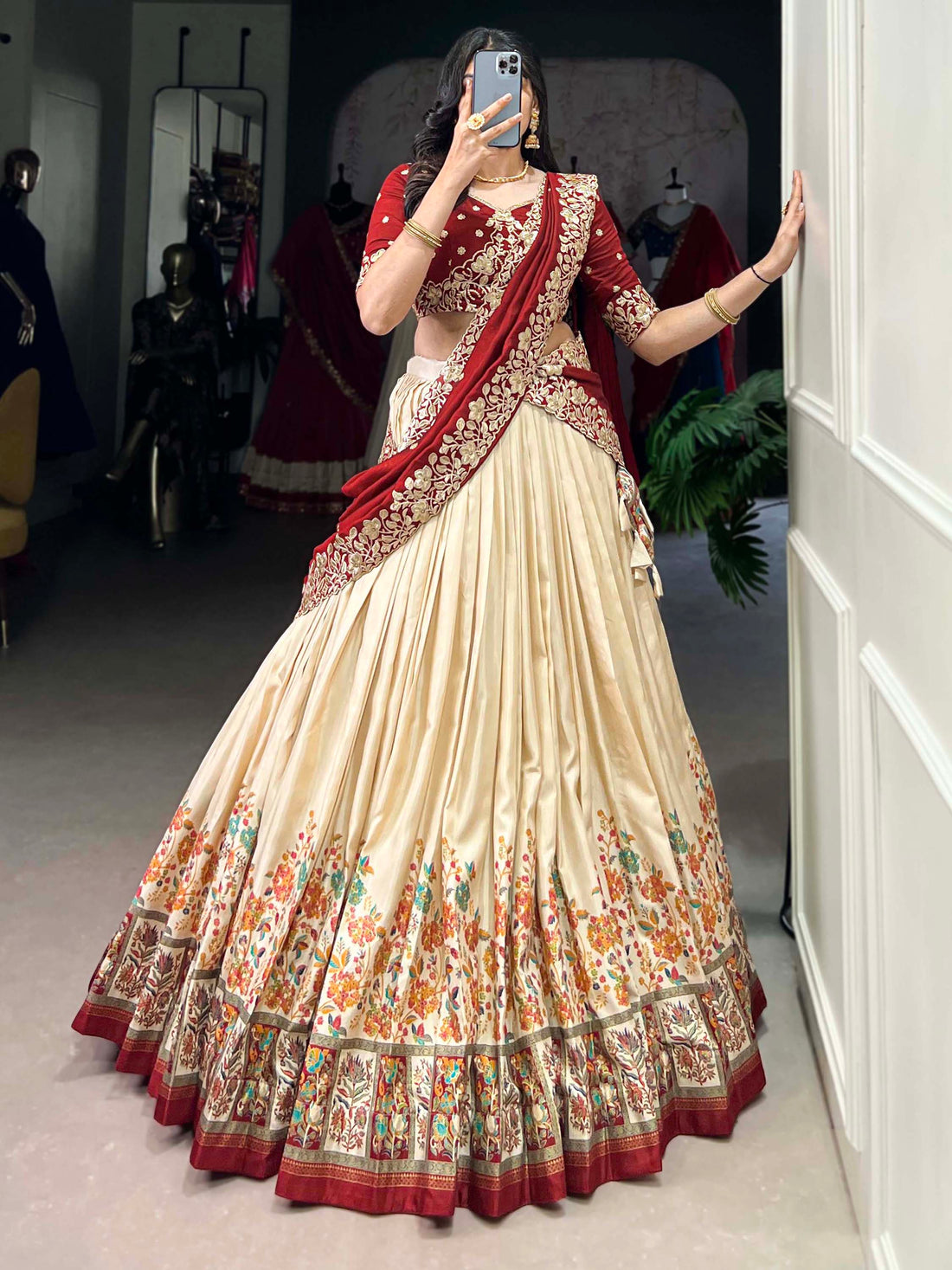 Gorgeous Off-White Printed Tussar Silk Lehenga Choli With Dupatta