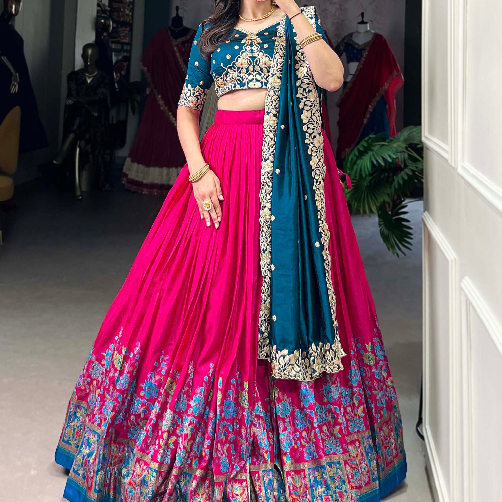 Fabulously Pink Floral Printed Tussar Silk Wedding Lehenga Choli