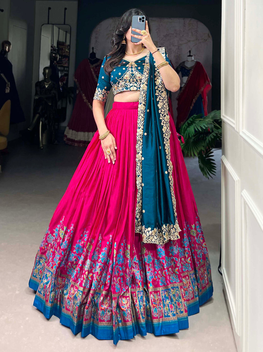 Fabulously Pink Floral Printed Tussar Silk Wedding Lehenga Choli