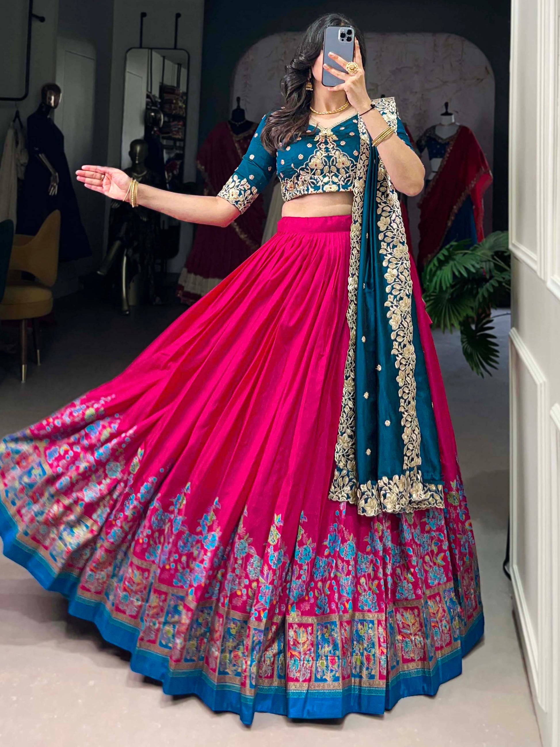 Fabulously Pink Floral Printed Tussar Silk Wedding Lehenga Choli