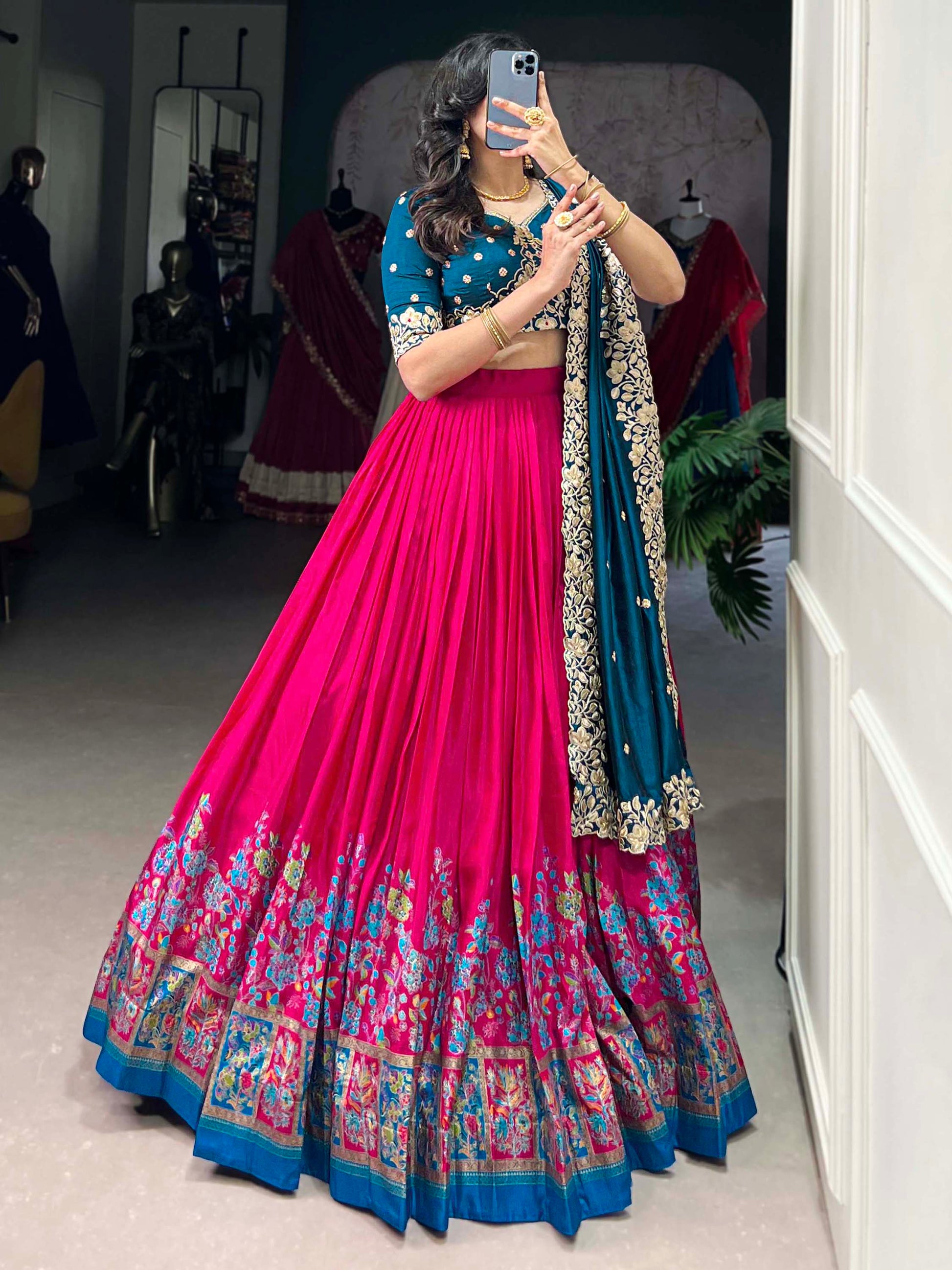 Fabulously Pink Floral Printed Tussar Silk Wedding Lehenga Choli