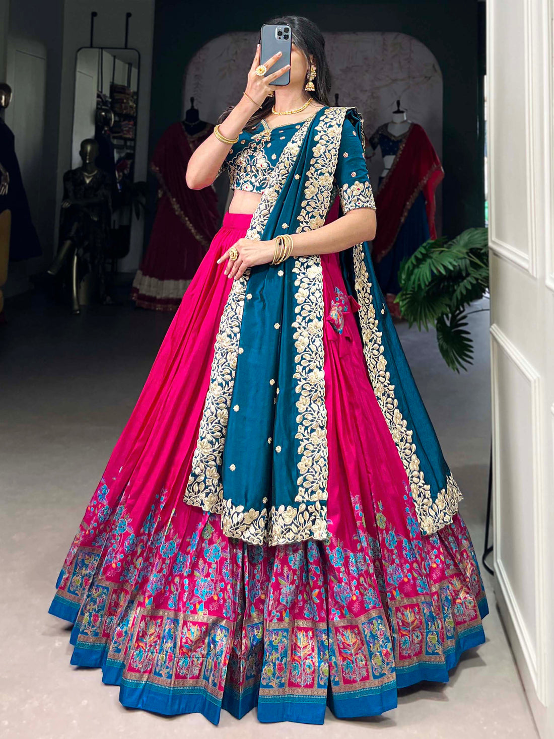 Fabulously Pink Floral Printed Tussar Silk Wedding Lehenga Choli
