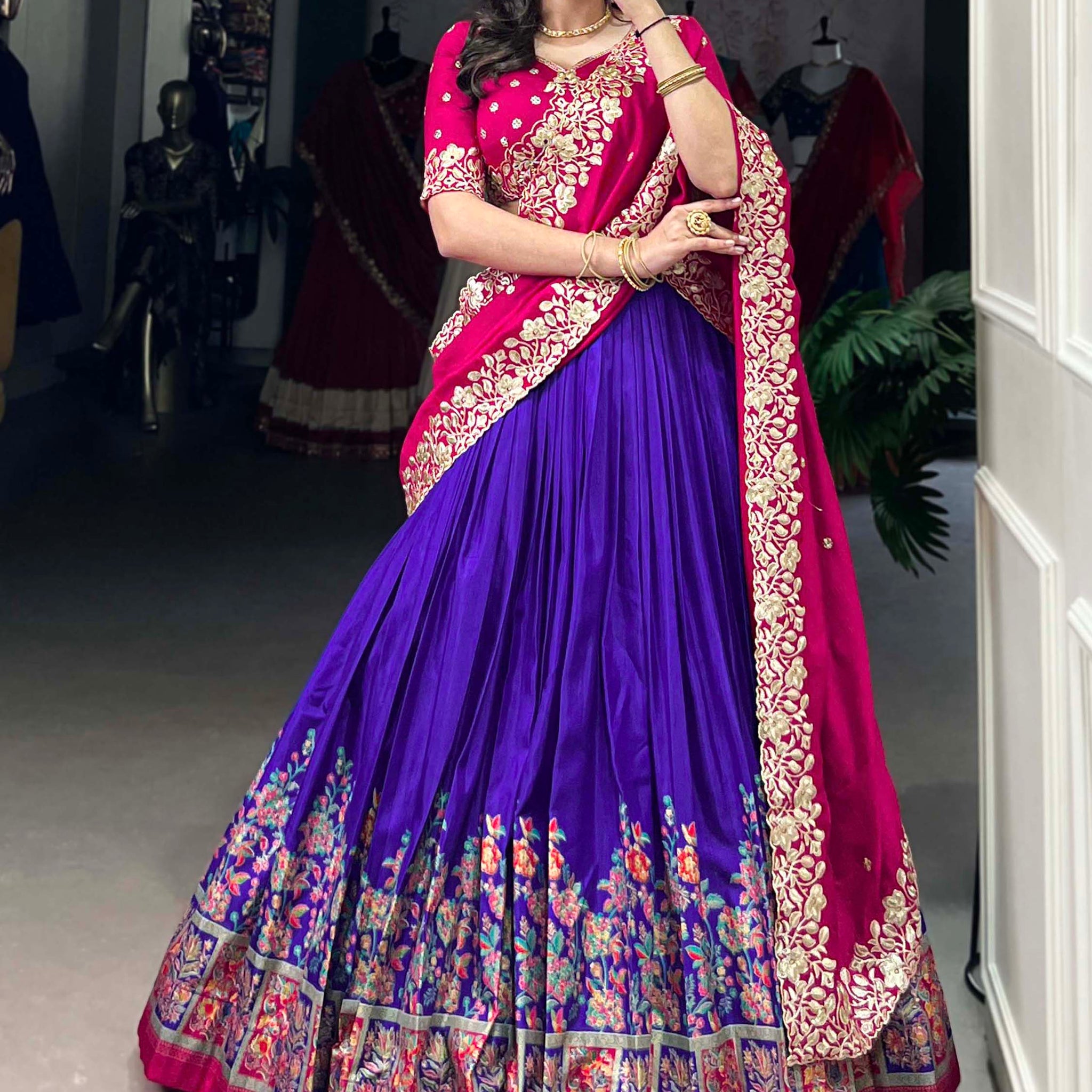 Tantalizing Purple Printed Tussar Silk Festival Wear Lehenga Choli