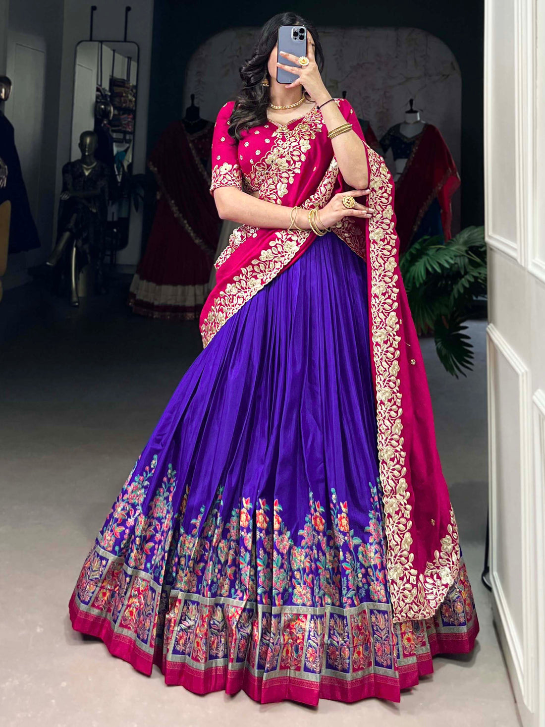 Tantalizing Purple Printed Tussar Silk Festival Wear Lehenga Choli