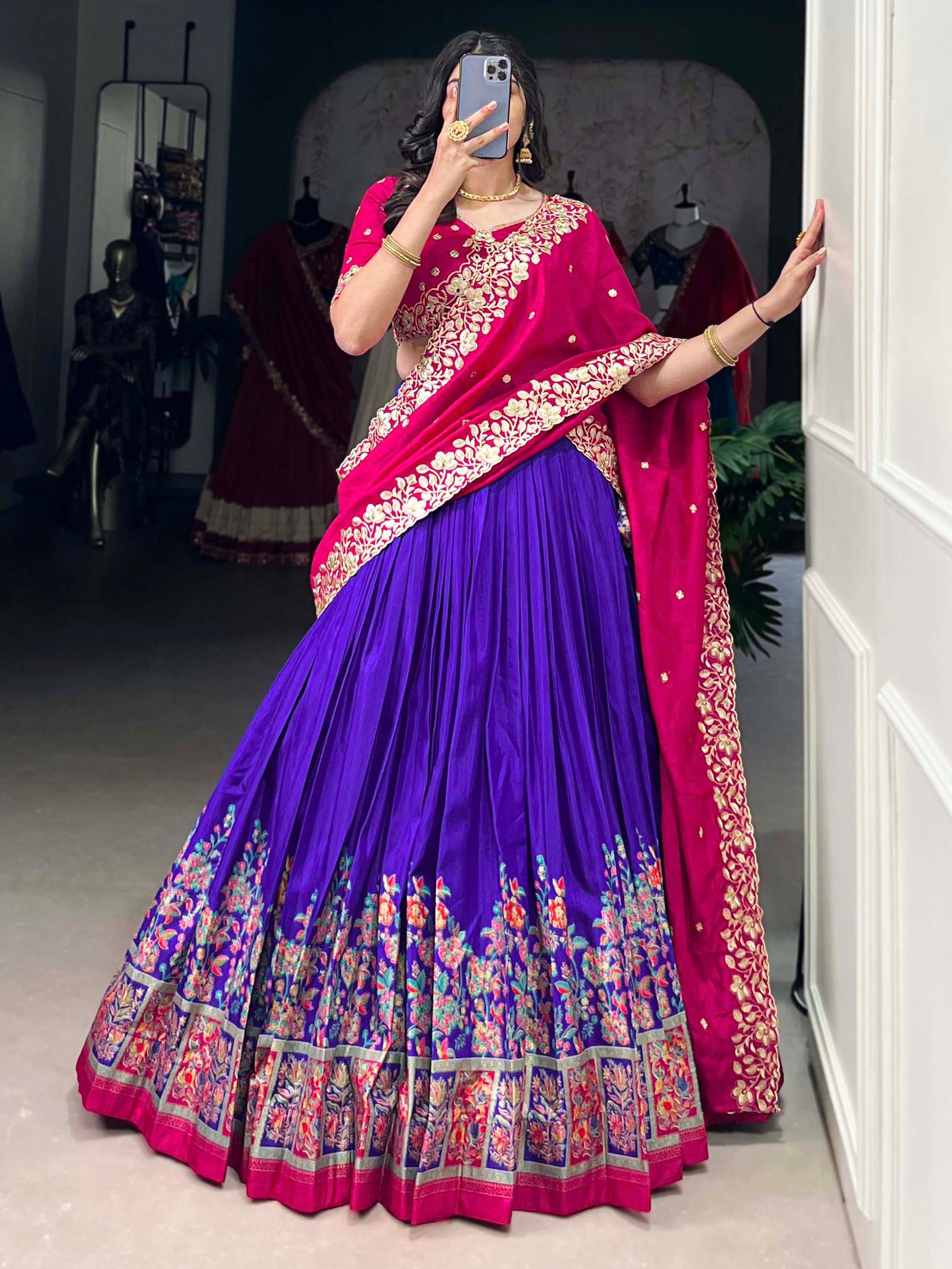 Tantalizing Purple Printed Tussar Silk Festival Wear Lehenga Choli