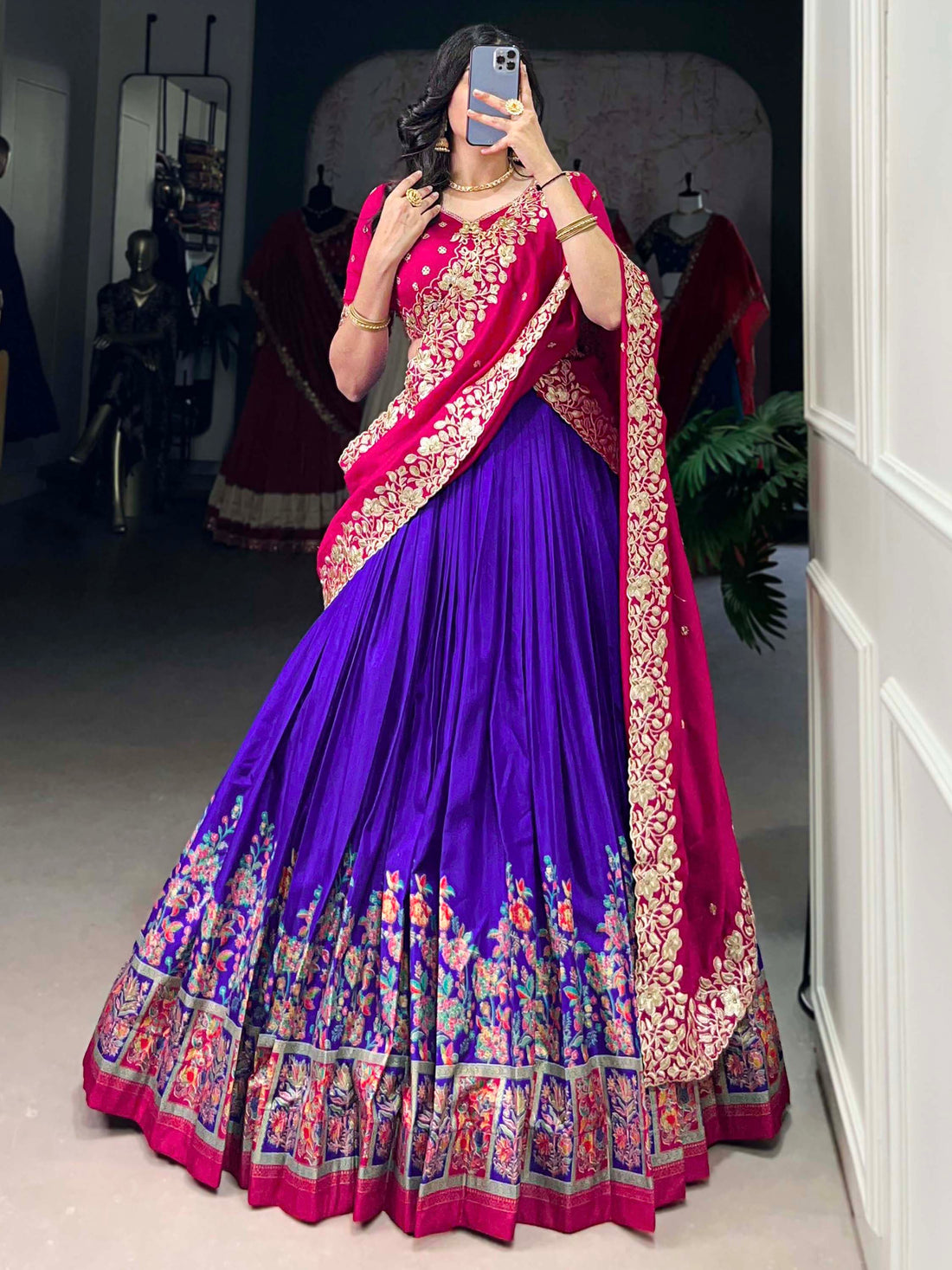 Tantalizing Purple Printed Tussar Silk Festival Wear Lehenga Choli