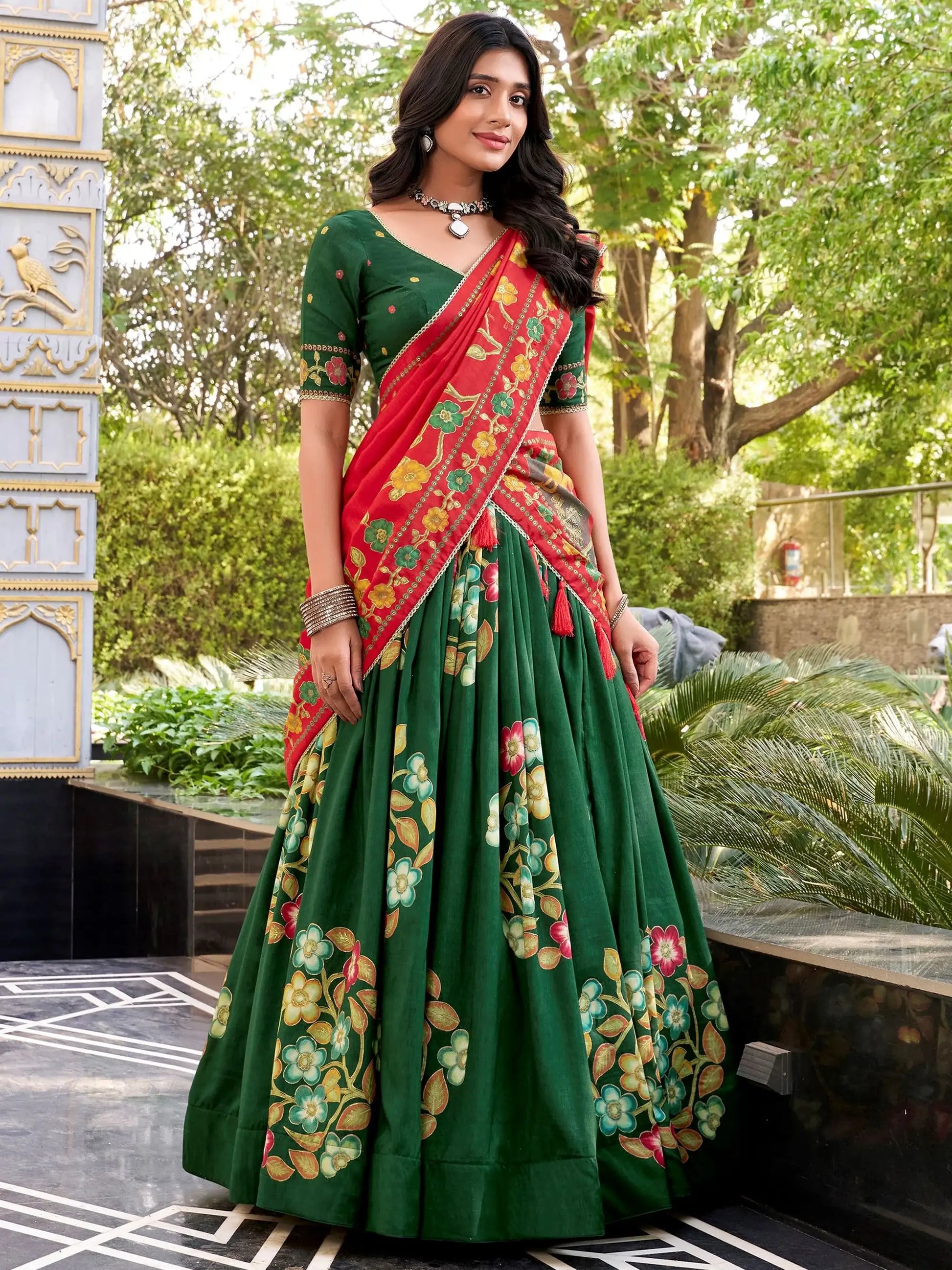 Awesome Green Foil Work Tussar Silk Mehendi Wear Lehenga Choli With Dupatta