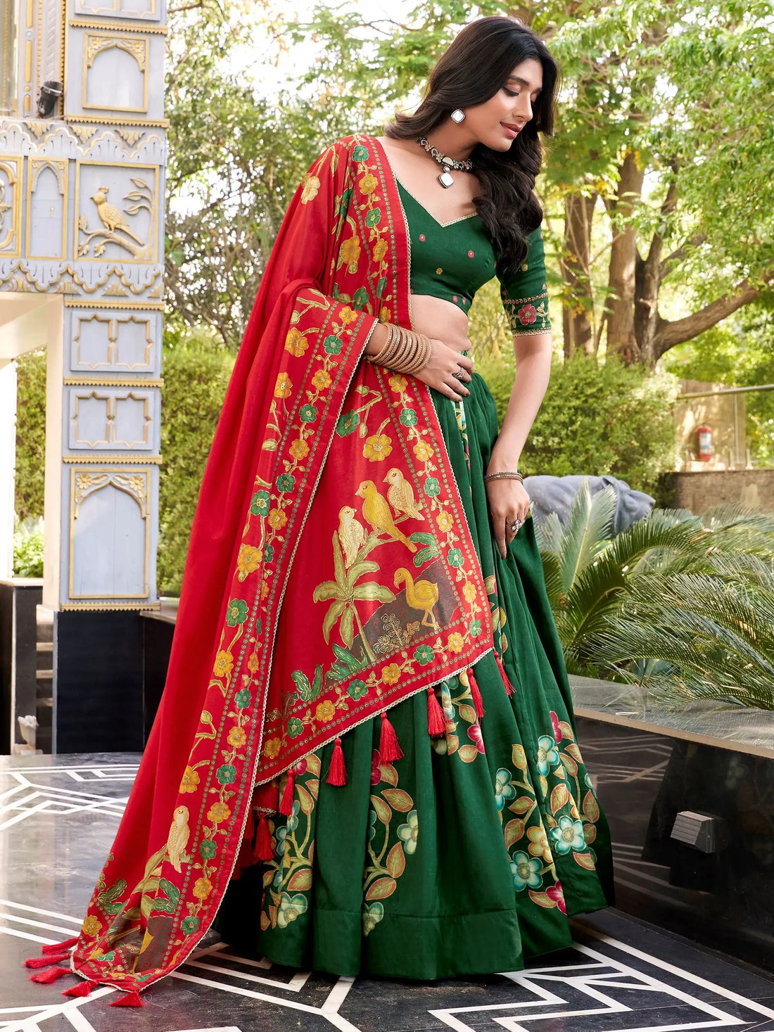 Awesome Green Foil Work Tussar Silk Mehendi Wear Lehenga Choli With Dupatta