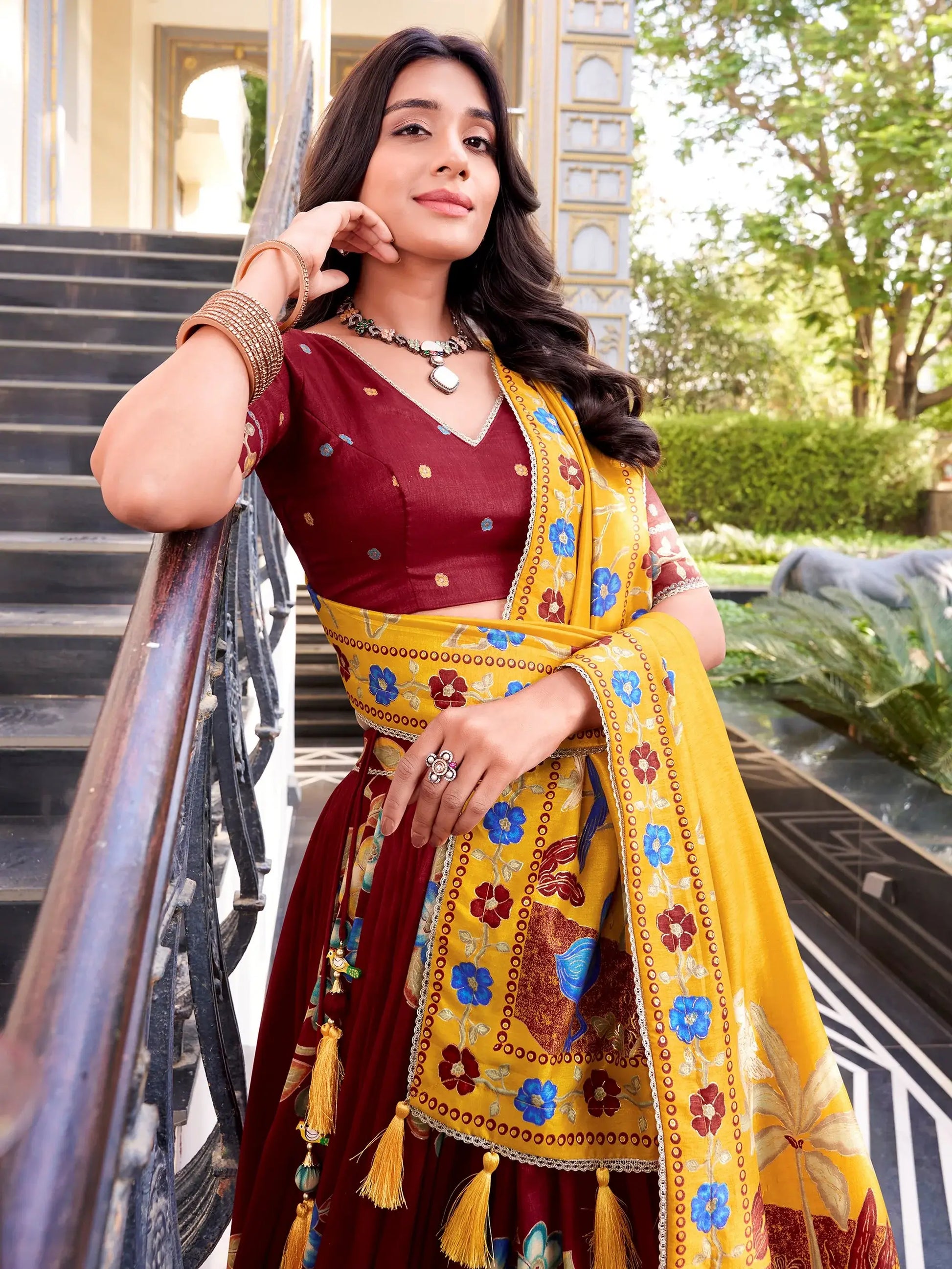 Dreamy Maroon Foil Work Tussar Silk Wedding Wear Lehenga Choli