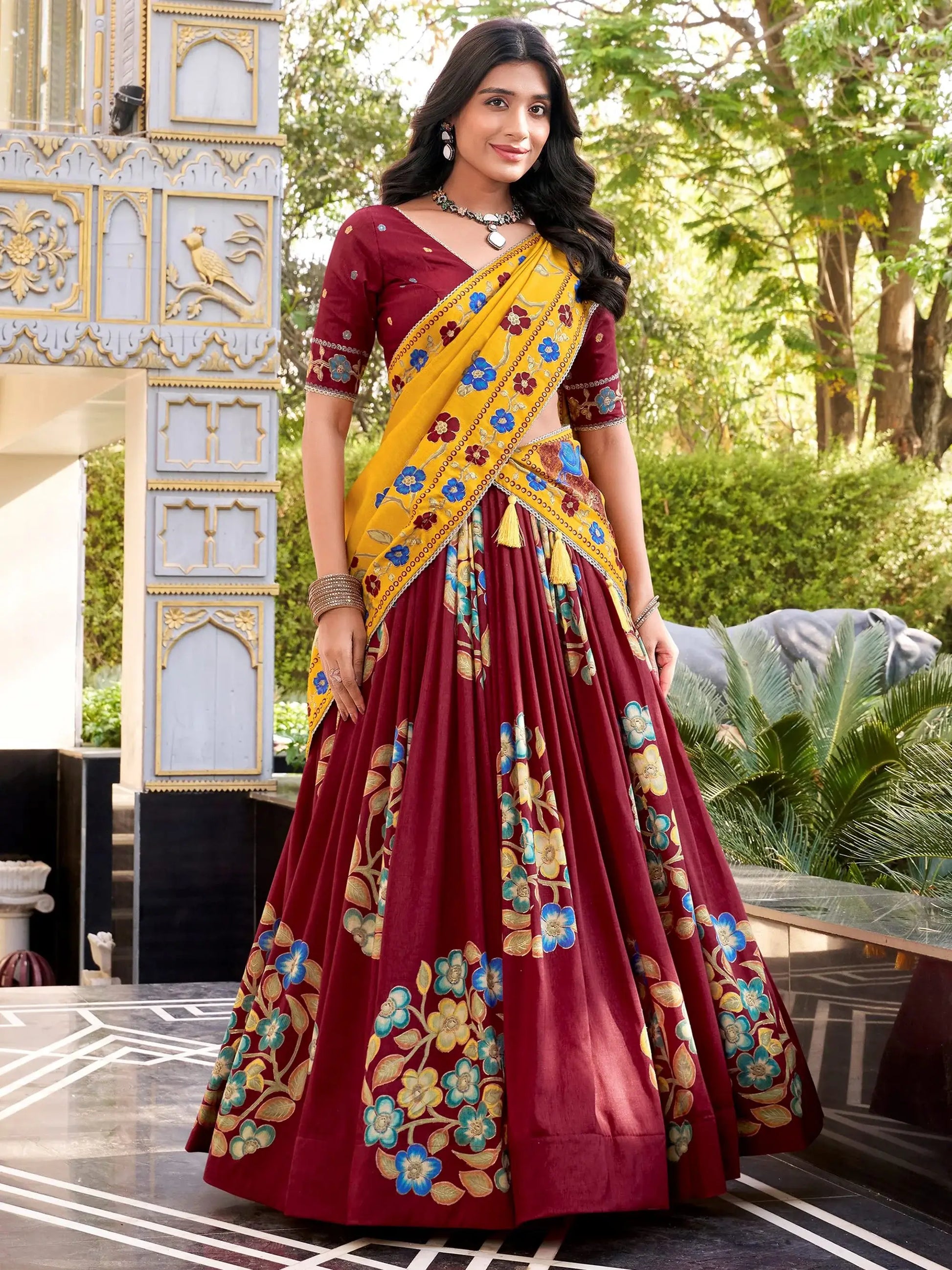 Dreamy Maroon Foil Work Tussar Silk Wedding Wear Lehenga Choli