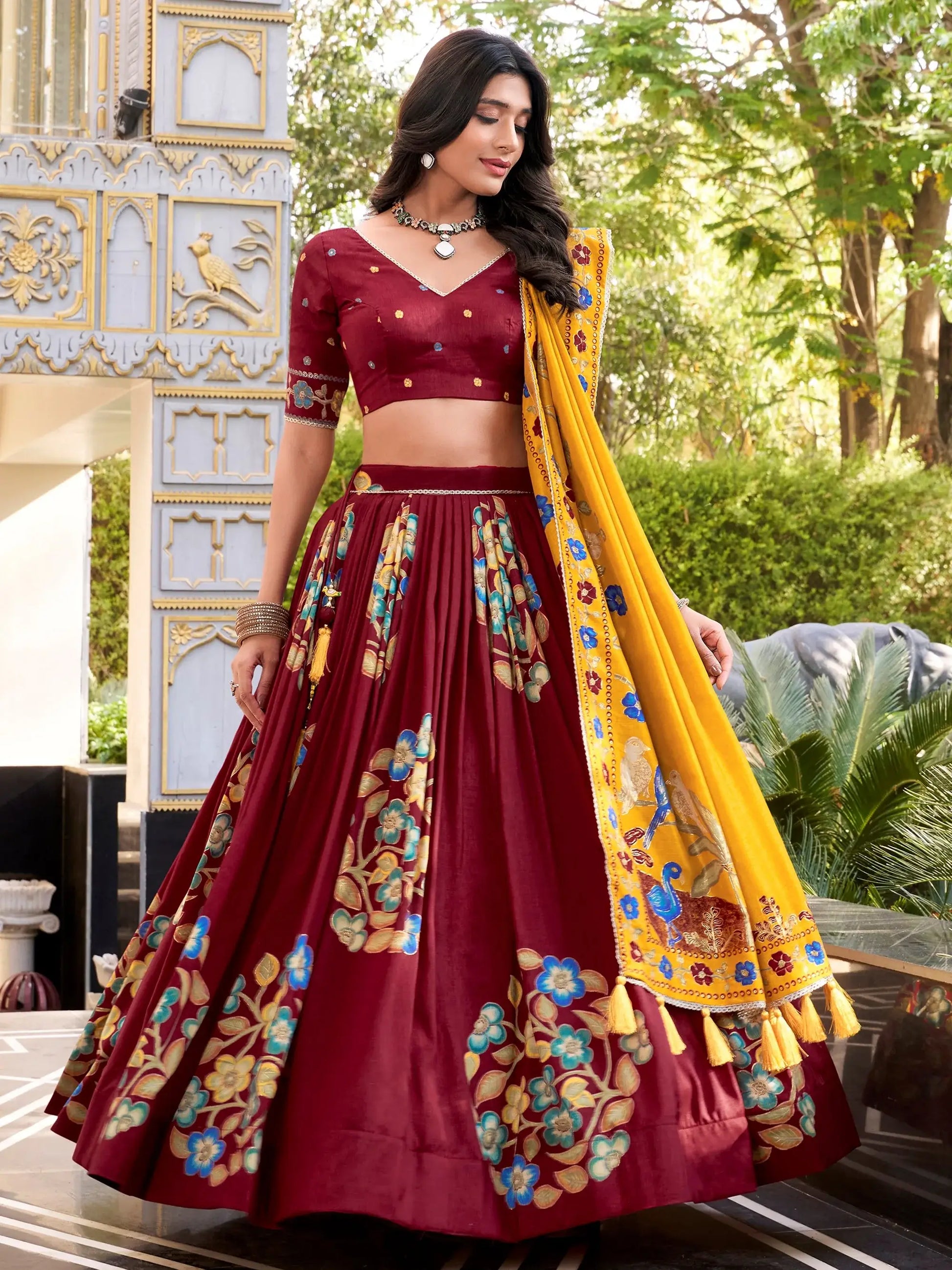 Dreamy Maroon Foil Work Tussar Silk Wedding Wear Lehenga Choli