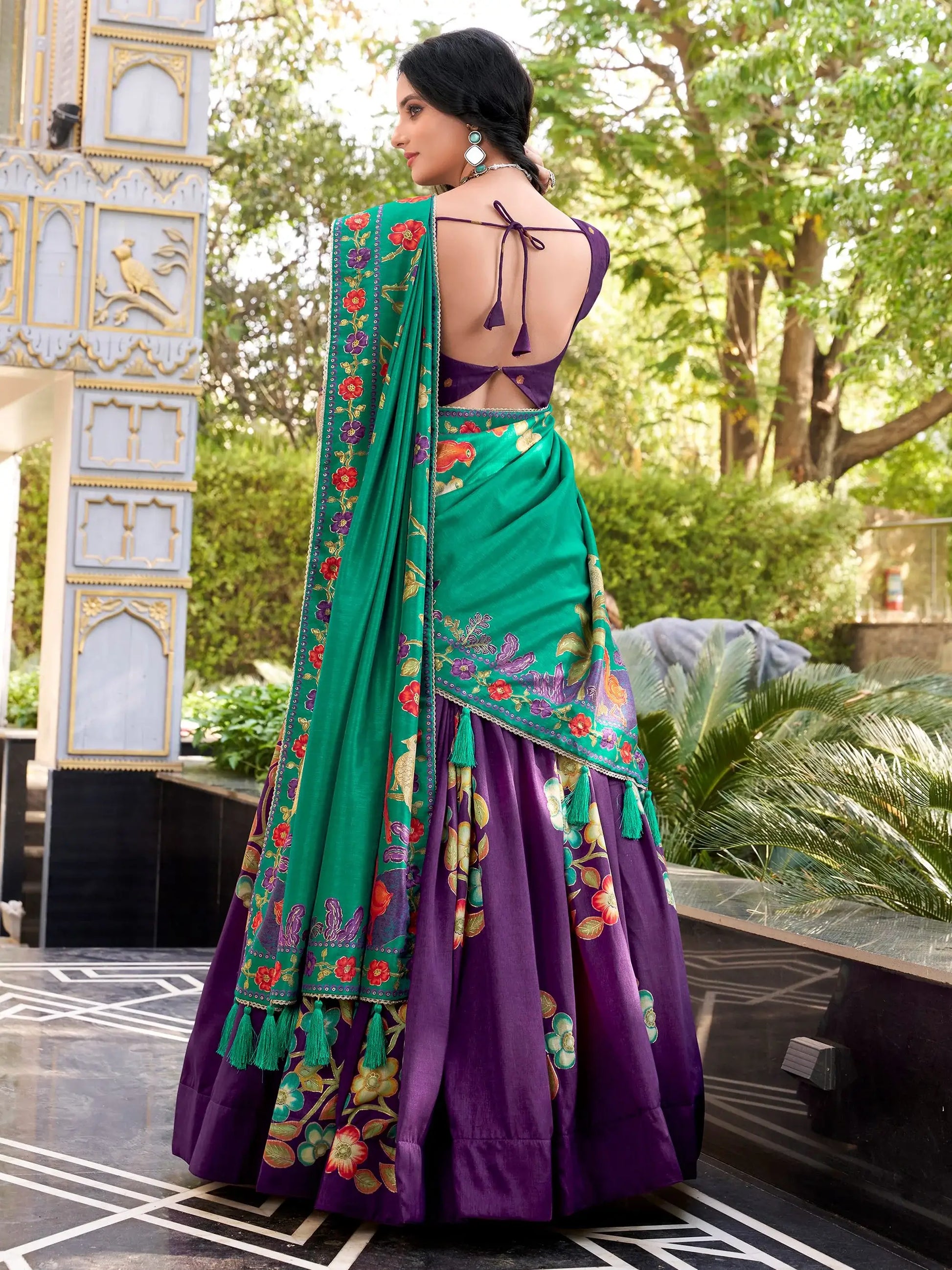 Phenomenal Purple Floral Printed Tussar Silk Designer Lehenga With Blouse
