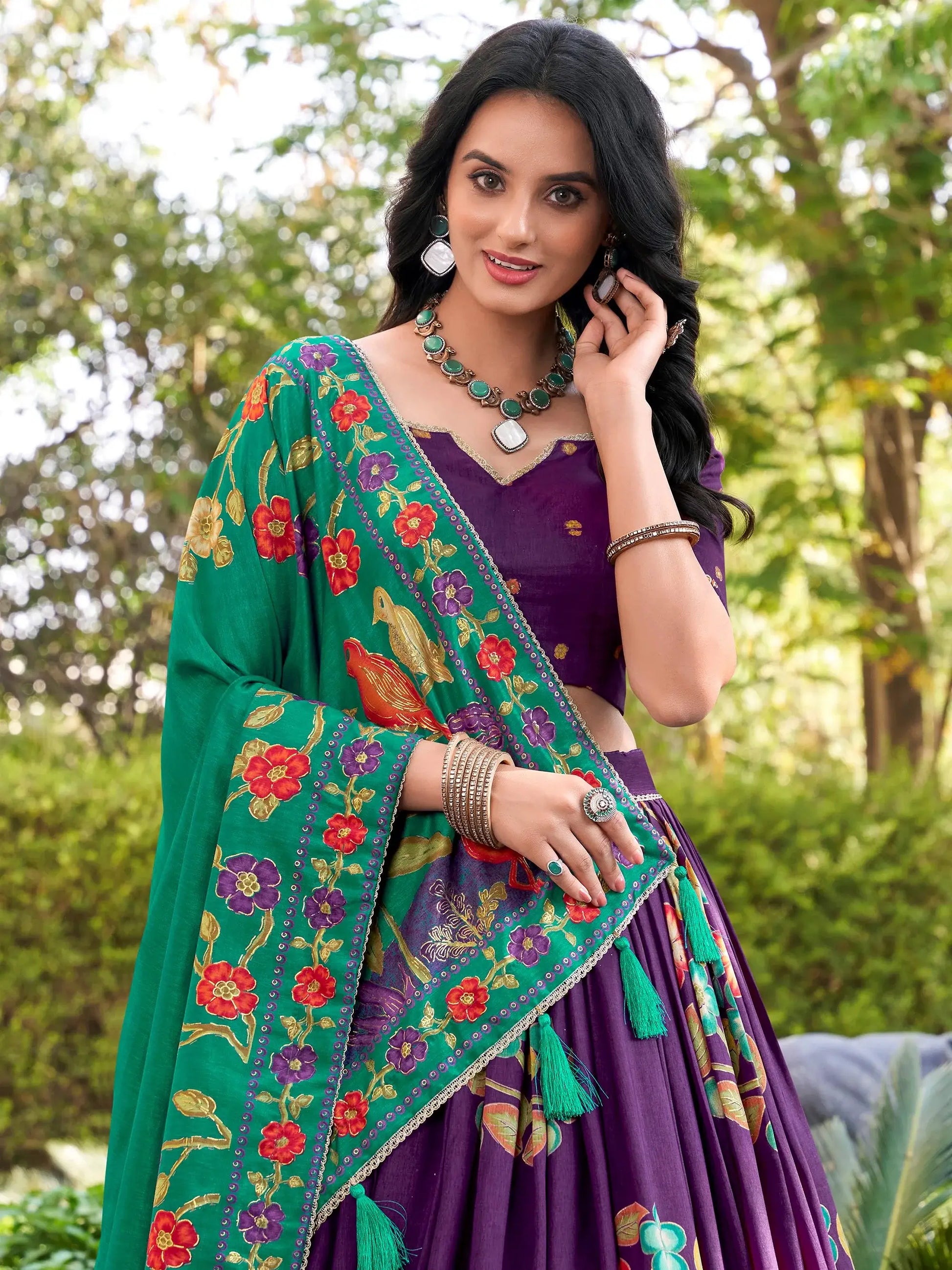 Phenomenal Purple Floral Printed Tussar Silk Designer Lehenga With Blouse