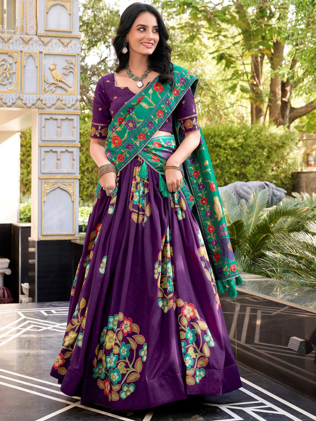 Phenomenal Purple Floral Printed Tussar Silk Designer Lehenga With Blouse