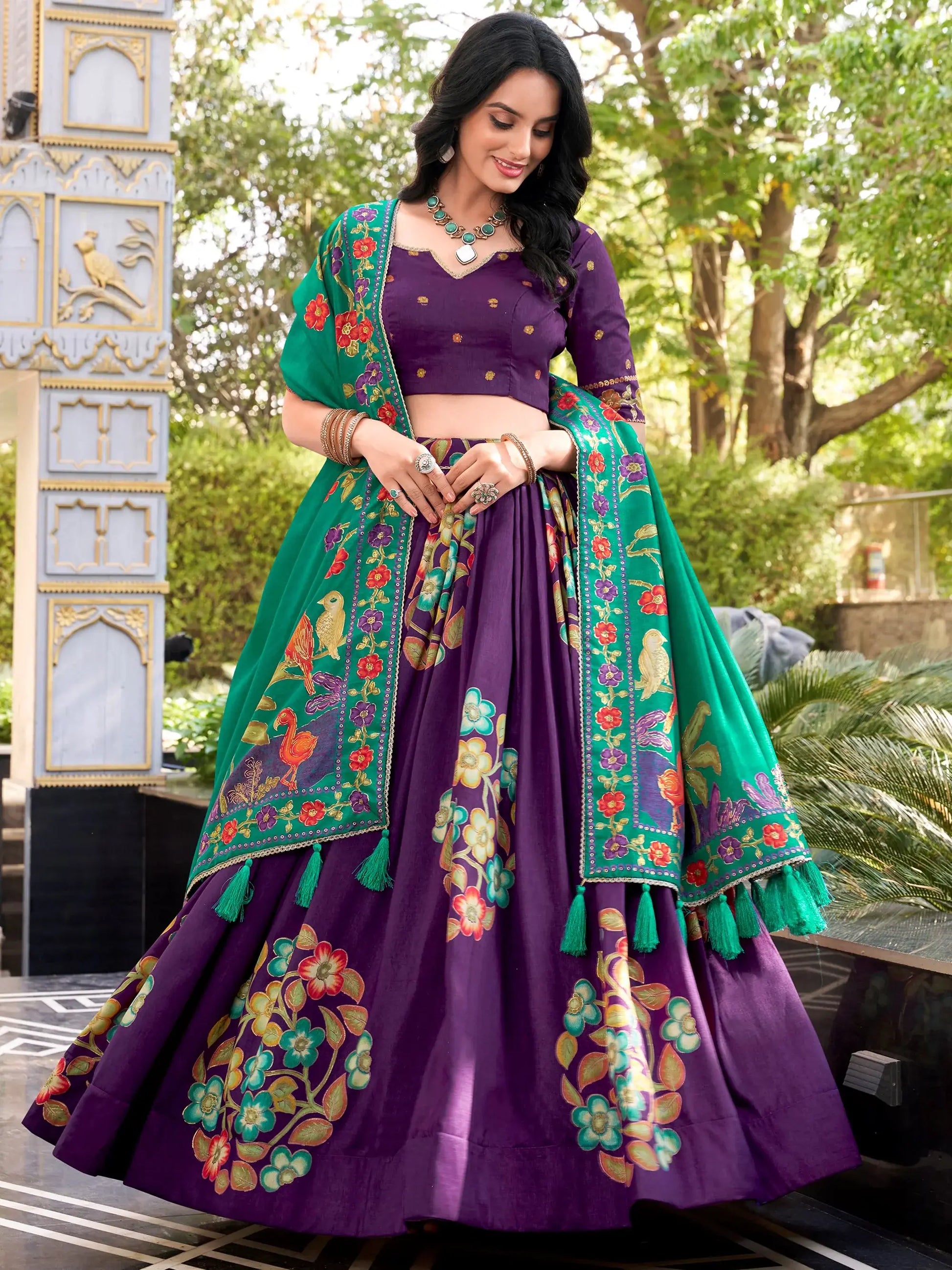 Phenomenal Purple Floral Printed Tussar Silk Designer Lehenga With Blouse