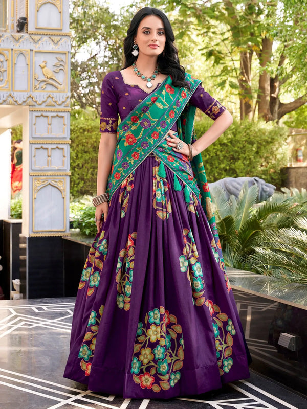 Phenomenal Purple Floral Printed Tussar Silk Designer Lehenga With Blouse