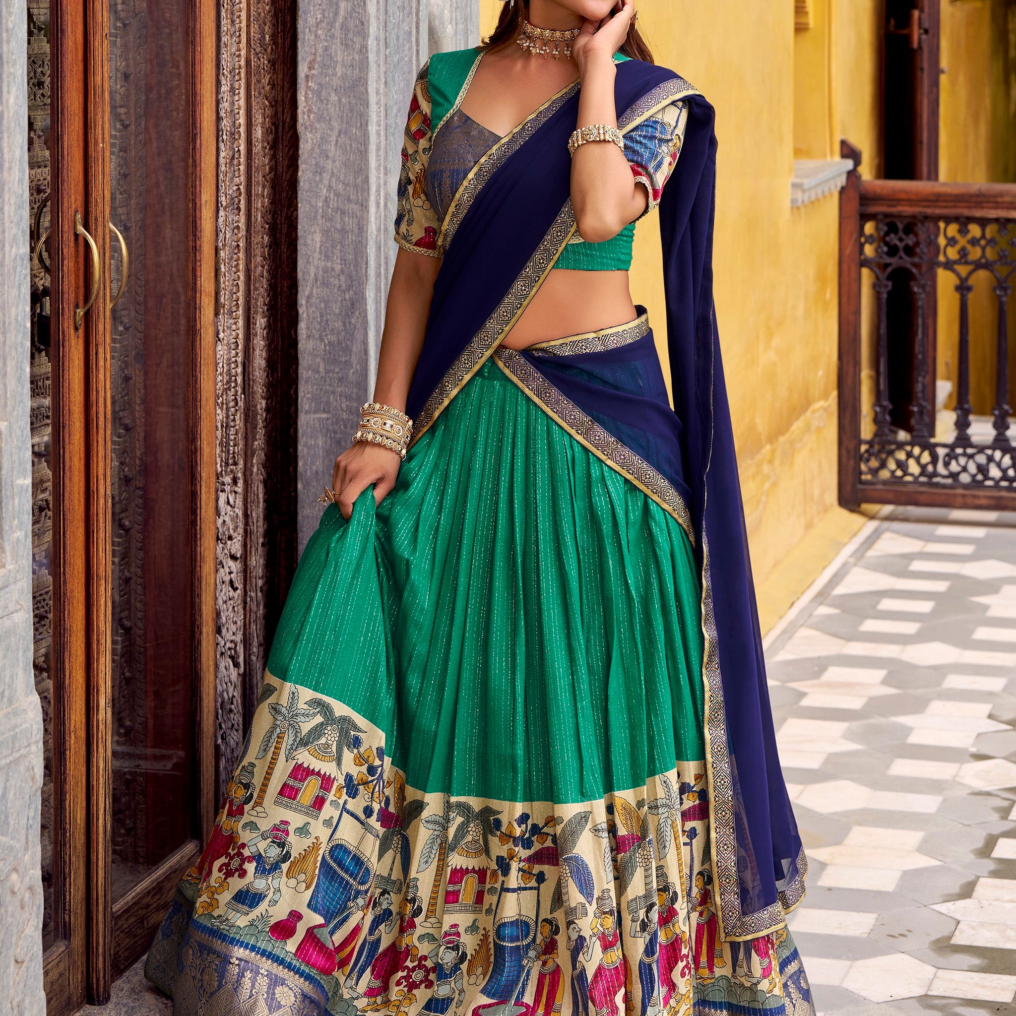 Lovely Sea Green Kalamkari Print Chanderi Silk Traditional Half Saree Lehenga
