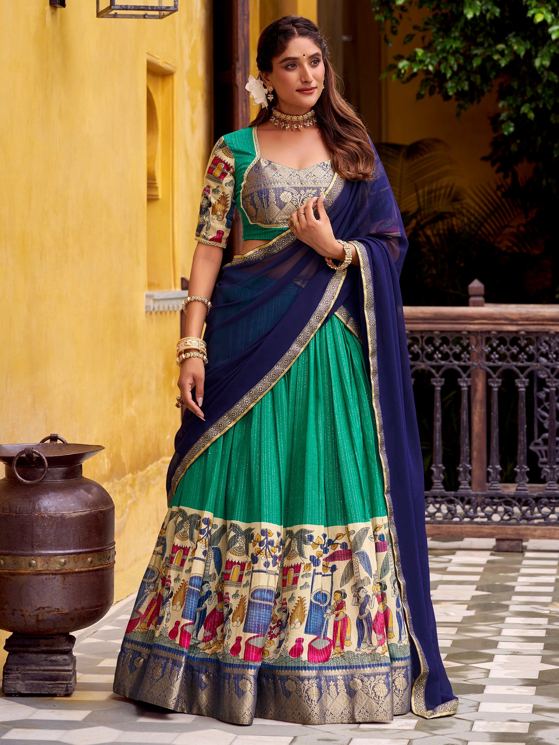 Lovely Sea Green Kalamkari Print Chanderi Silk Traditional Half Saree Lehenga