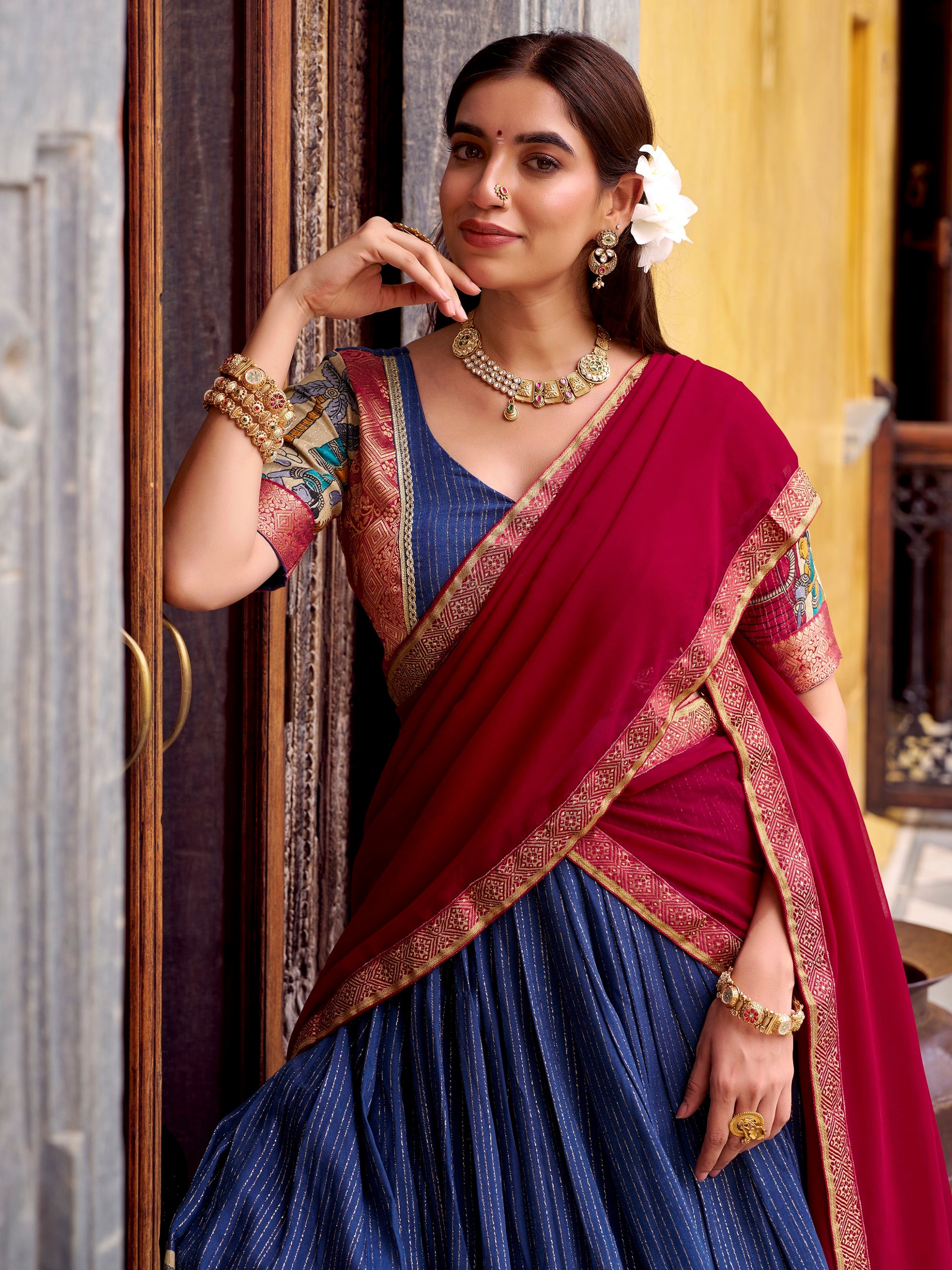 Tantalizing Navy Blue Kalamkari Print Chanderi Silk Event Wear Half Saree Lehenga