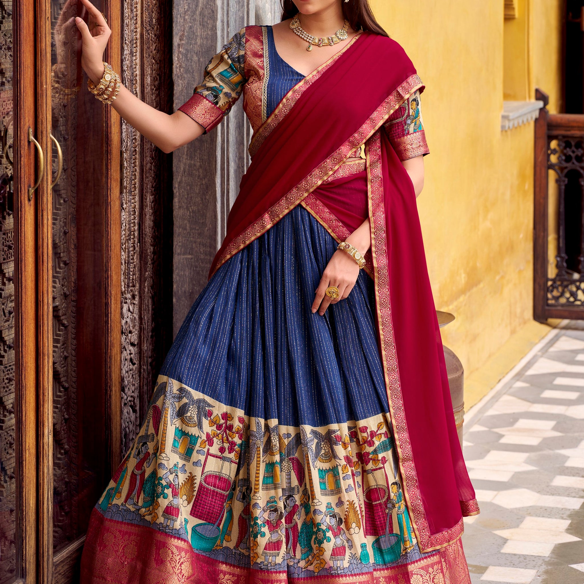 Tantalizing Navy Blue Kalamkari Print Chanderi Silk Event Wear Half Saree Lehenga
