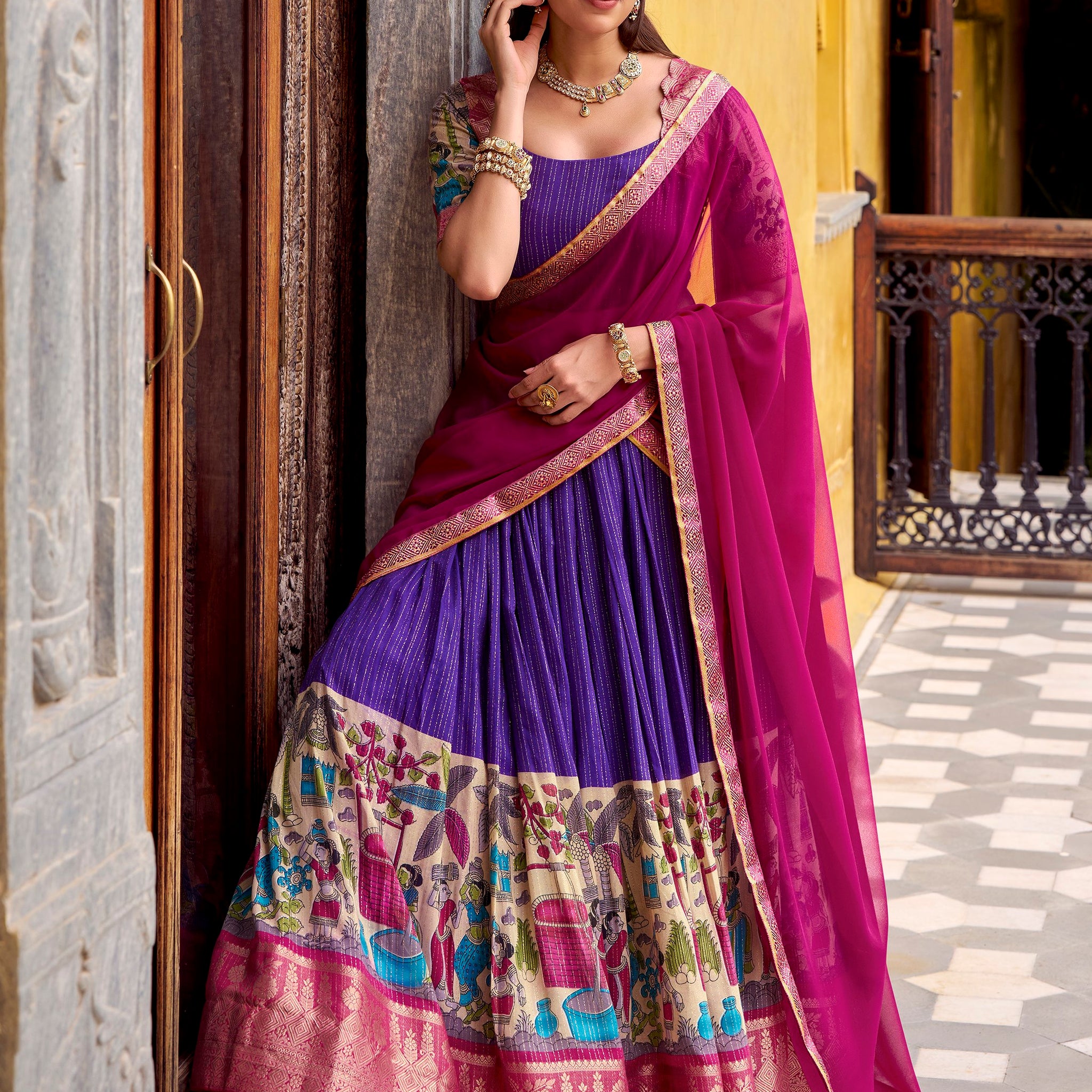 Desirable Purple Kalamkari Print Chanderi Silk Festive Wear Half Saree Lehenga